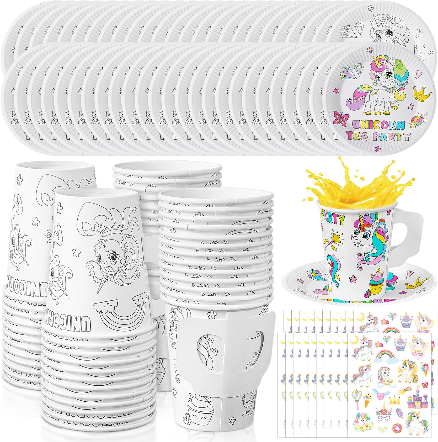 Lenwen 24 Set Color Your Own Tea Party Cups with Handle, DIY Coloring 8 oz Treat Paper Cups and Plates Snack Dessert Ice Cream Teacup Includes Stickers for Party, Decoration and Crafts (Floral)