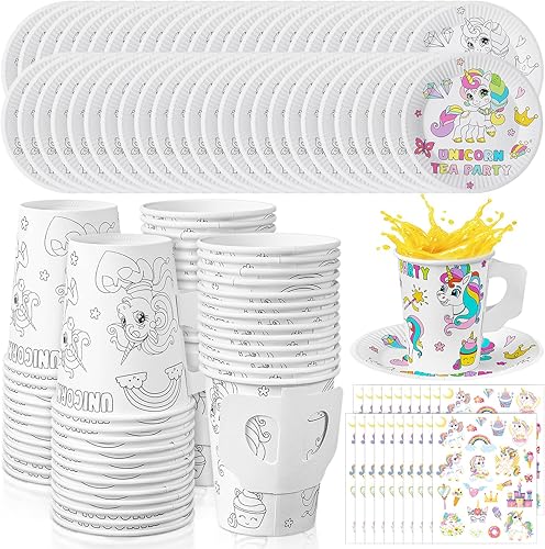 Miniatura 8 de Tazas de té de papel con asa, tazas desechables para colorear para niños, tazas de té y platos de papel floral, calcomanías para fiestas de té,