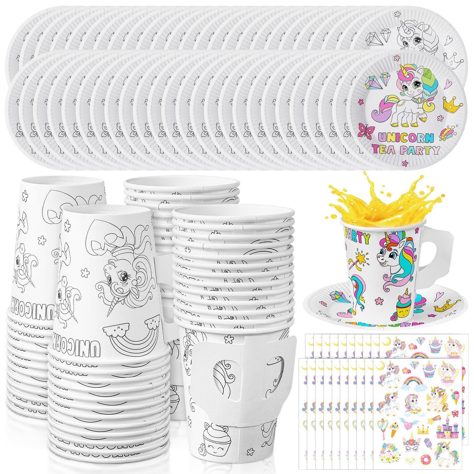 Lenwen 24 Set Color Your Own Tea Party Cups with Handle, DIY Coloring 8 oz Treat Paper Cups and Plates Snack Dessert Ice Cream Teacup Includes Stickers for Party, Decoration and Crafts (Unicorn)