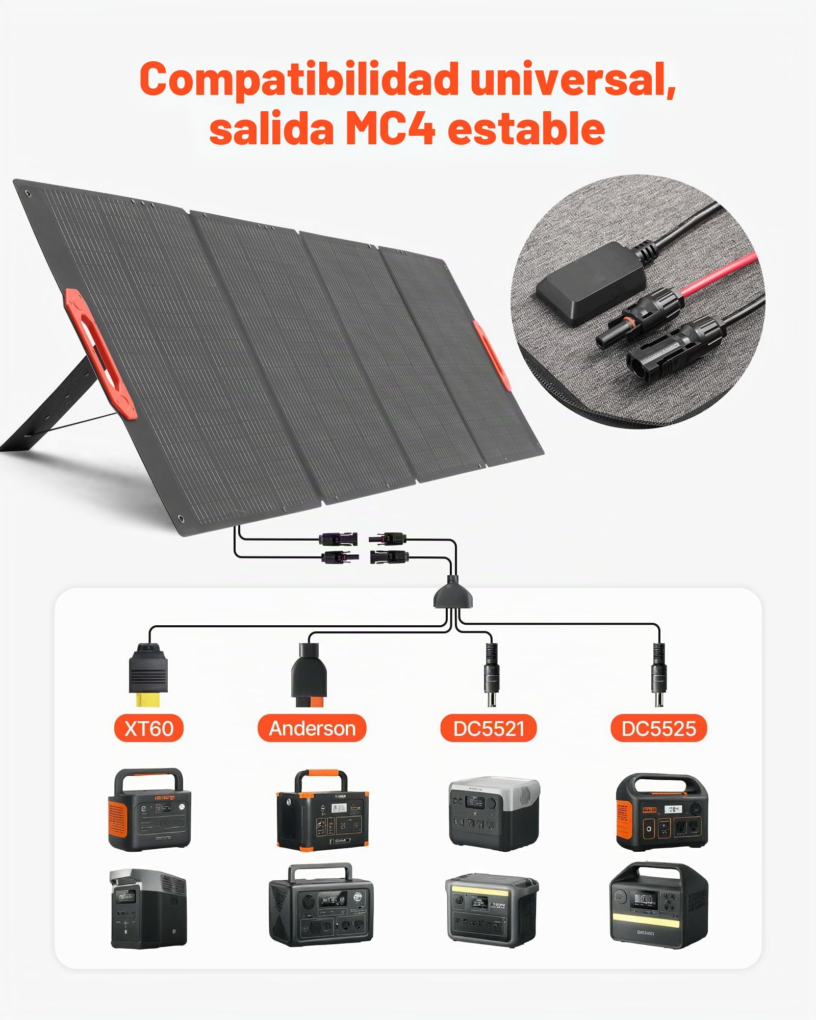 VEVOR Panel Solar Monocristalino Plegable de 300 W, Cargador Portátil de Eficiencia 23%, con Salida MC4 y Adaptadores de DC 10 en 1, Impermeable, para Centrales Eléctricas, Camping y Senderismo