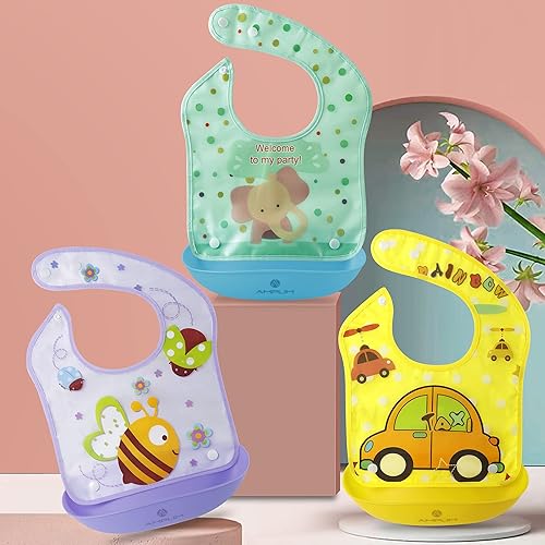 Miniatura 8 de Amplim Babero de alimentación para bebés (paquete de 3) baberos para comer. Impermeable, ajustable, ligero. Material ecológico de PEVA. Sin BPA,
