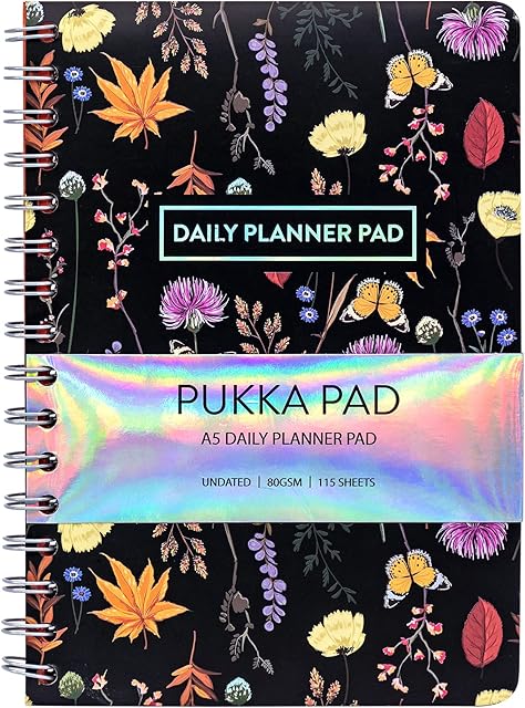 Pukka Pad, A5 Undated Daily Planner Pad 115 Sheets of 80GSM Paper with Daily Schedule, to-Do List, and Notes/Sketches Sections 21 x 15cm, Black