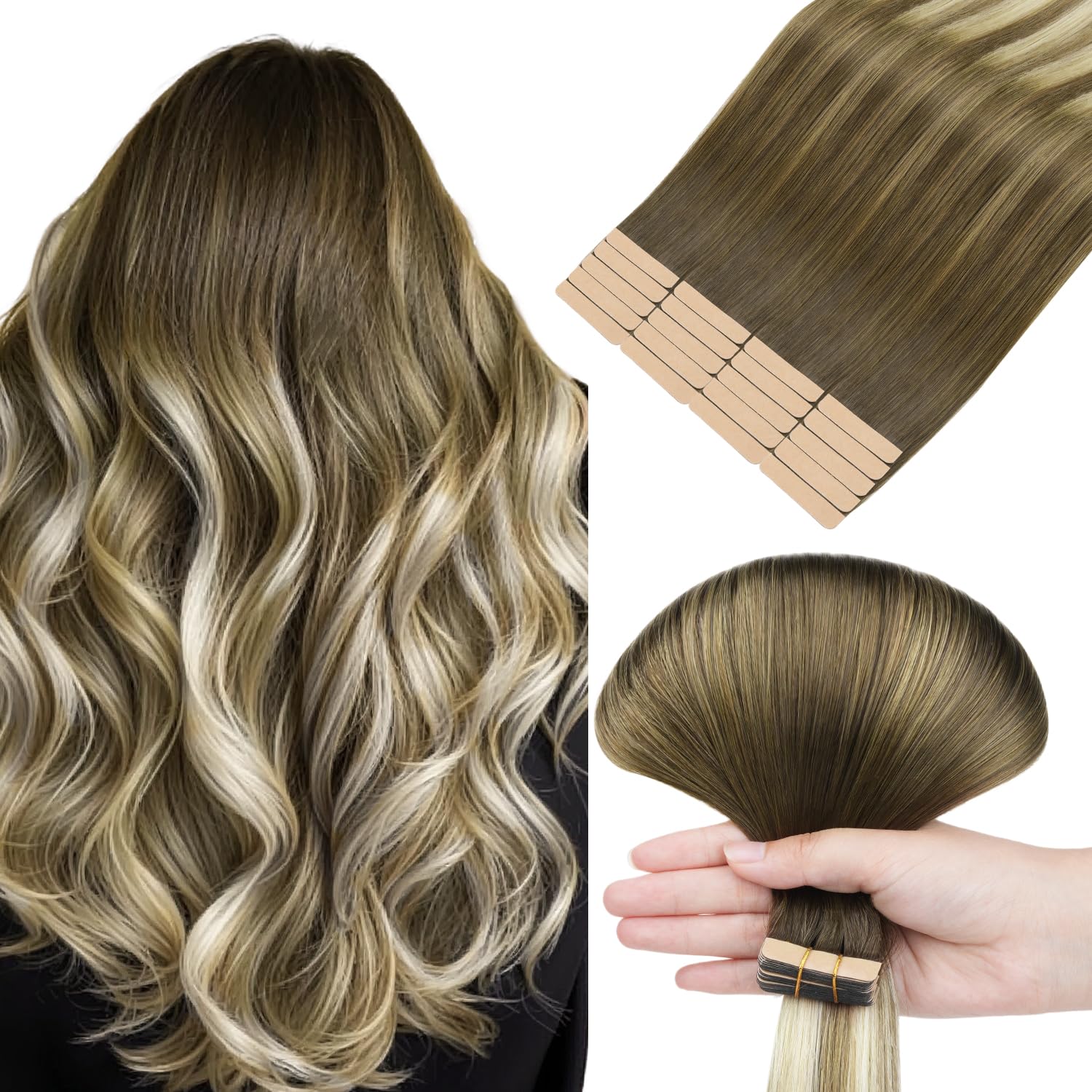 HOTBANANA Tape in Hair Extensions, 20 Inch 20pcs 50g Ombre Walnut Brown to Ash Brown and Bleach Tape in Hair Extensions Human Hair Straight Remy Human