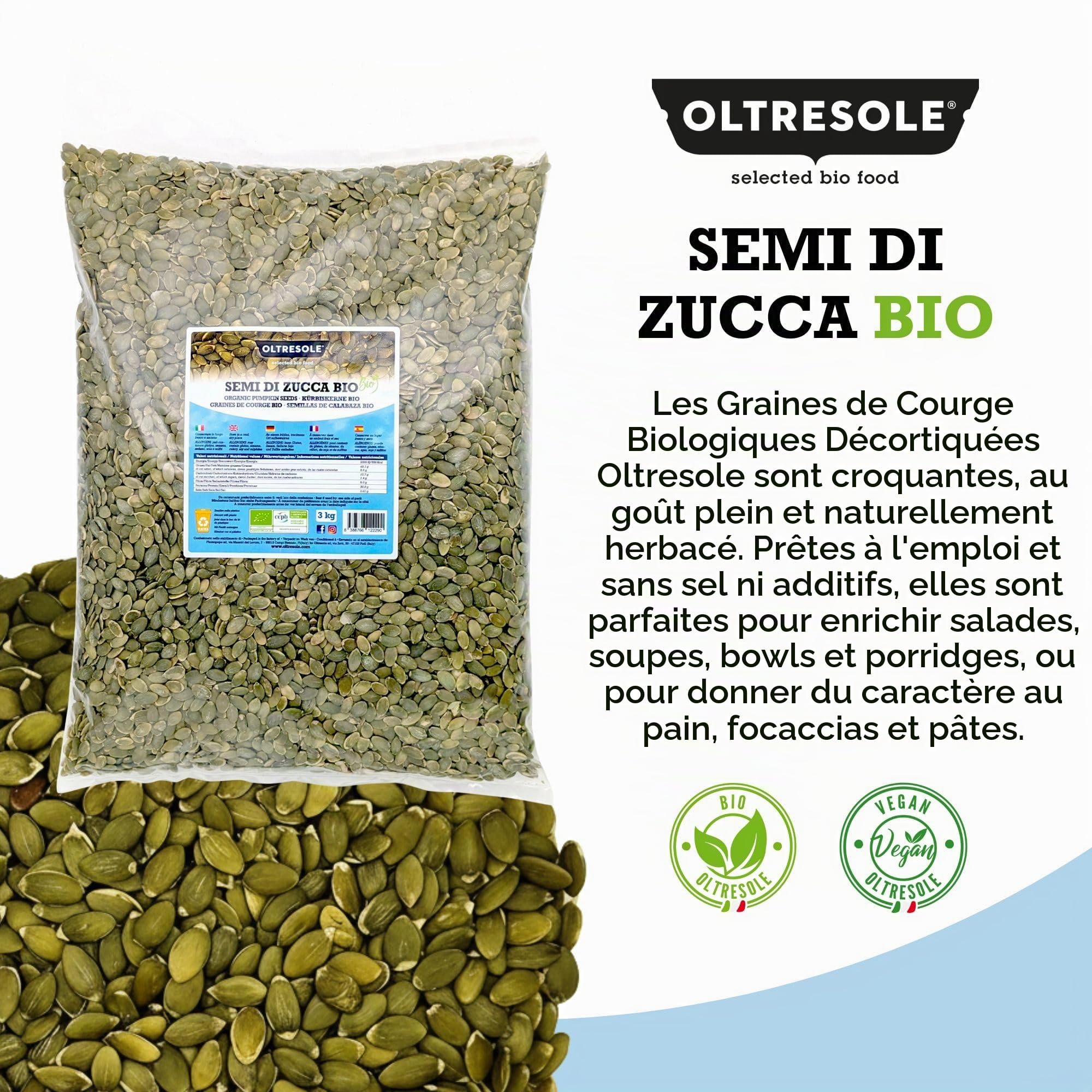 Oltresole | Graines de Courge Décortiquées Bio Sans Sel non Grillées | 3kg | Graines Oléagineuses Crues | Riches en Protéines, Fibres et Zinc | Idéales pour Snack et Salades | Format Familial
