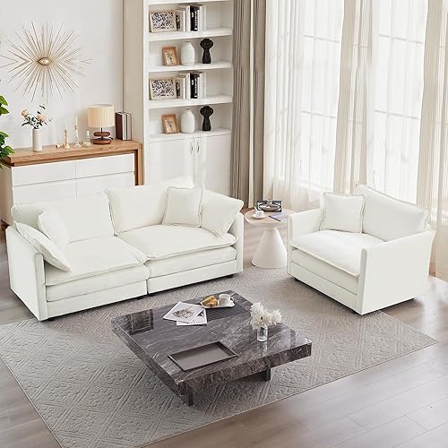 mikibama Luxury 2 Piece Loveseat Couch & Sofa Armchair Set, Modern Upholstered Chenille Cloud Couches Set Furniture with 5 Pillow for Living Room Bedroom Office Apartment, Beige