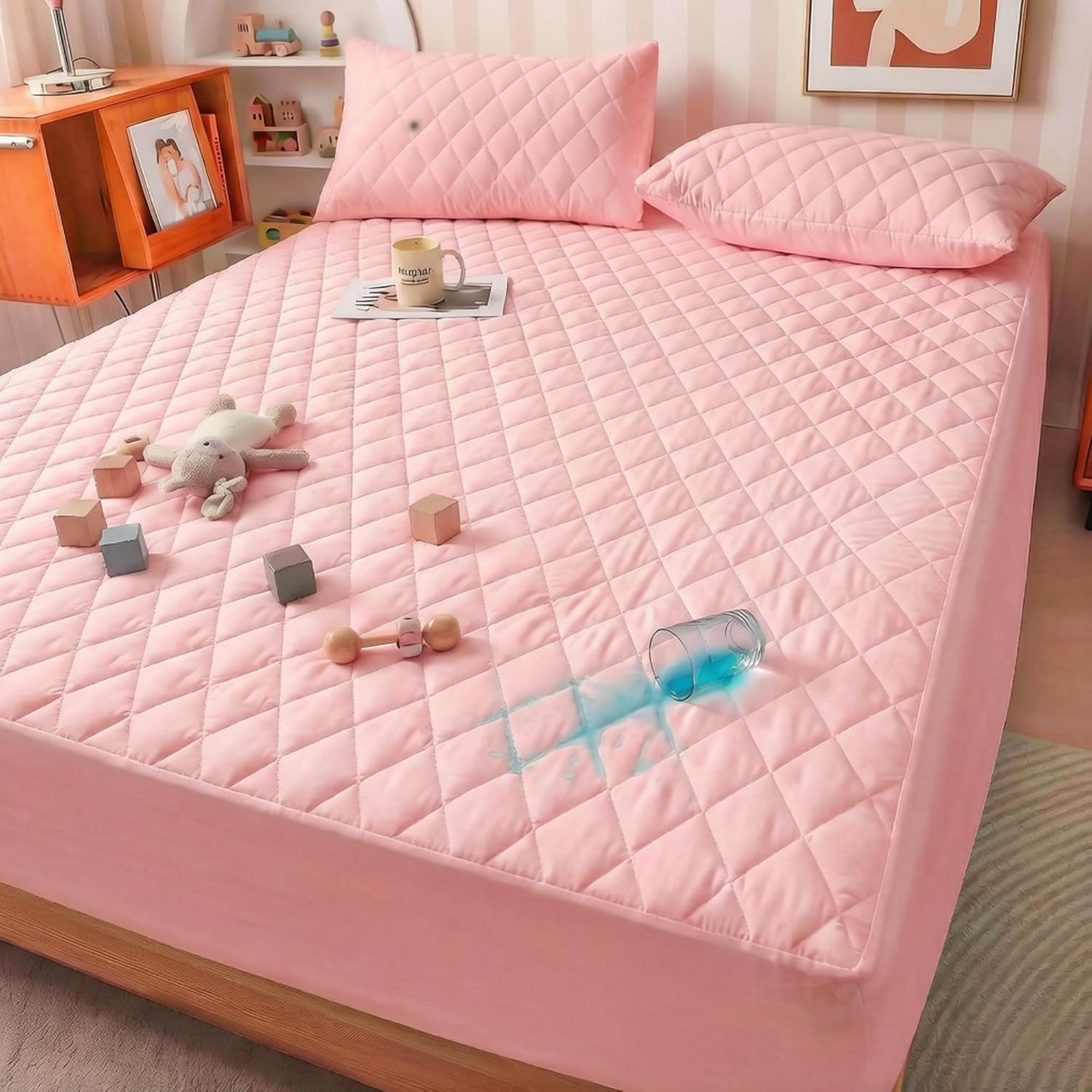 Mattress Cover, Waterproof Mattress Cover, Full-Size Ultra-Soft and Breathable, Machine Washable, Suitable for Home, Bedroom, and Hotel Use.(Pink King)