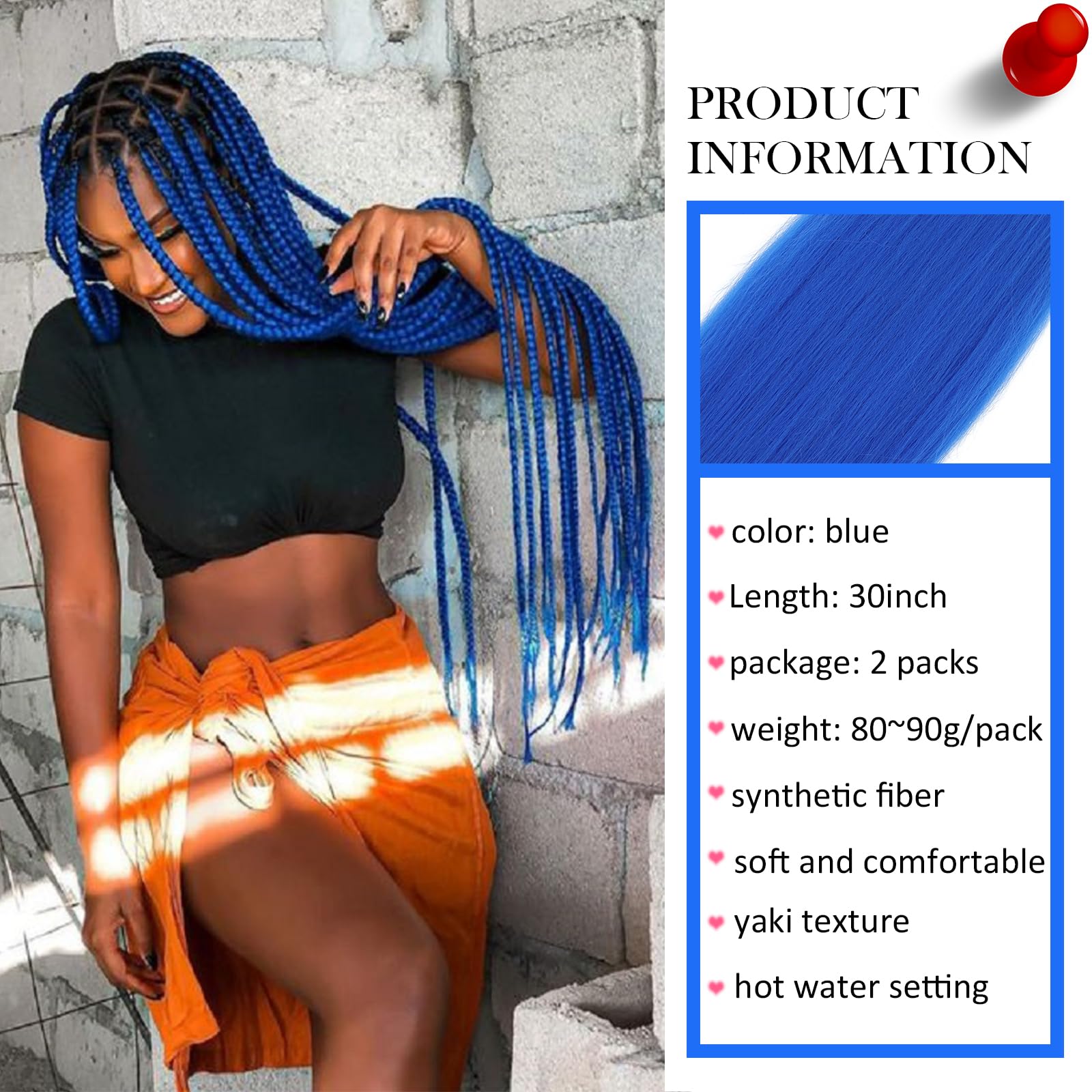 Lot de 2 paquets de cheveux tressés pré-étirés bleus, colorés, 76,2 cm, texture Yaki, faciles à utiliser
