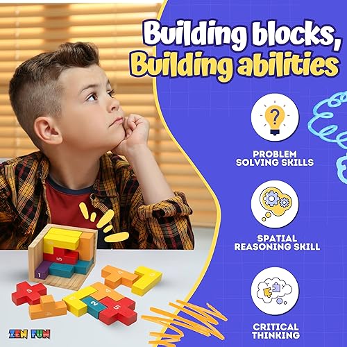 Miniatura 2 de Zen Fun Rompecabezas de madera 3D para niños, 20 y 40 piezas, cubo de rompecabezas de madera en forma de L y T, rompecabezas de escritorio para