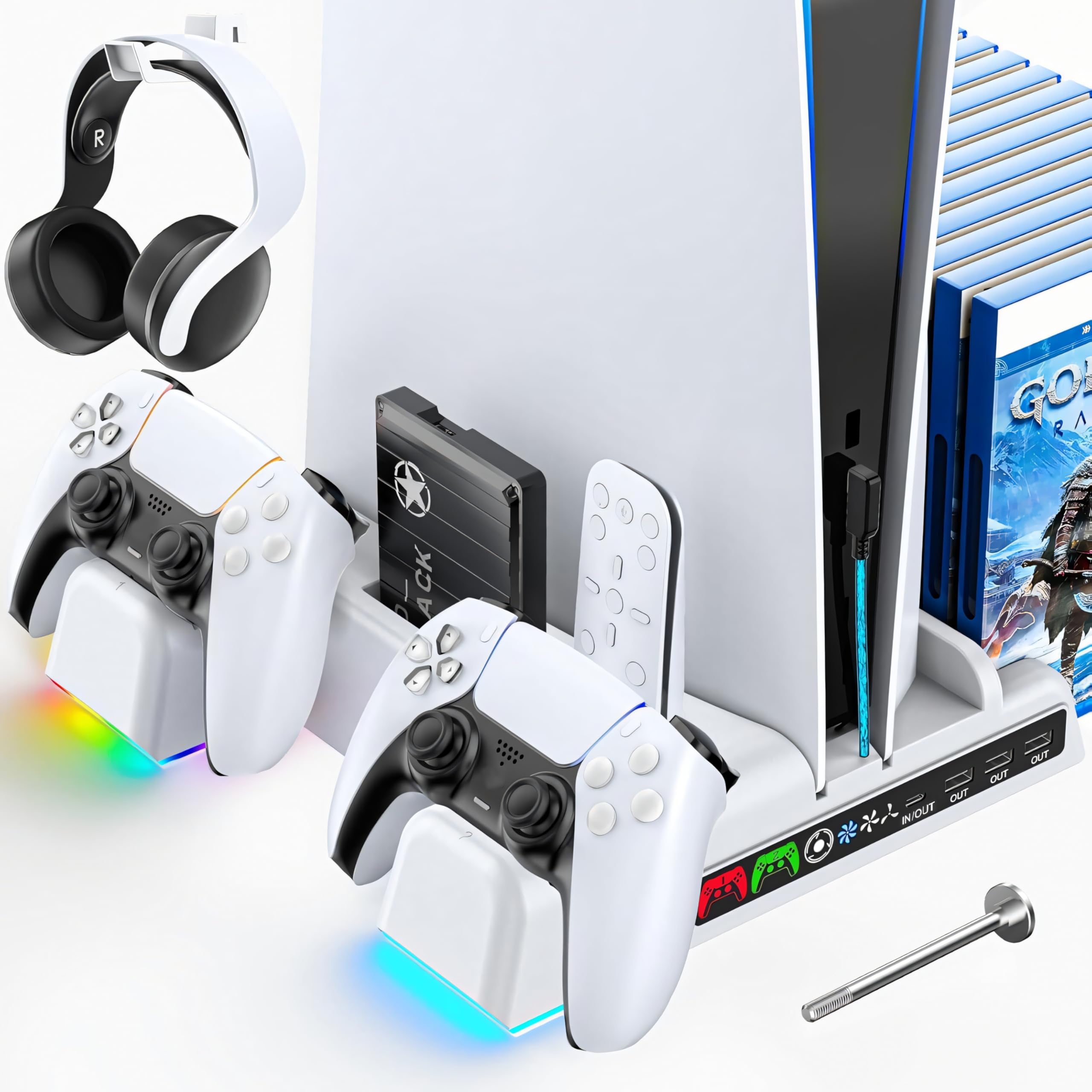 Kytok Soporte PS5 con Cargador para Mando PS5, Ventilador de Refrigeración para PS5 de 3 Velocidades, Soporte para PS5 Vertical con Luz RGB, Soporte para Auriculares y USB HUB