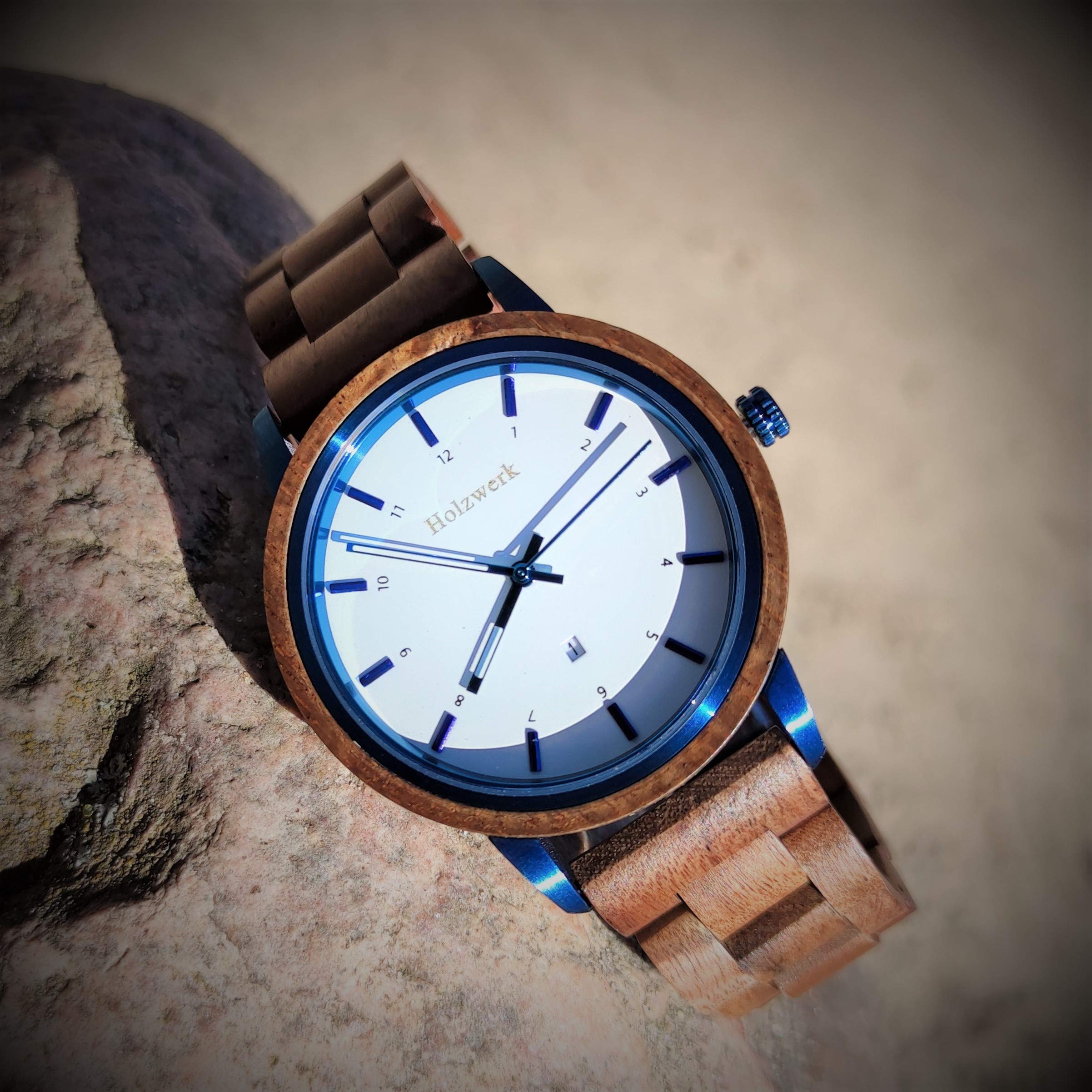 Holzwerk Germany Handgefertigte Designer Unisex Damen-Uhr Herren-Uhr Öko Natur Holz-Uhr Armband-Uhr Analog Klassisch Quarz-Uhr Braun Blau Weiß