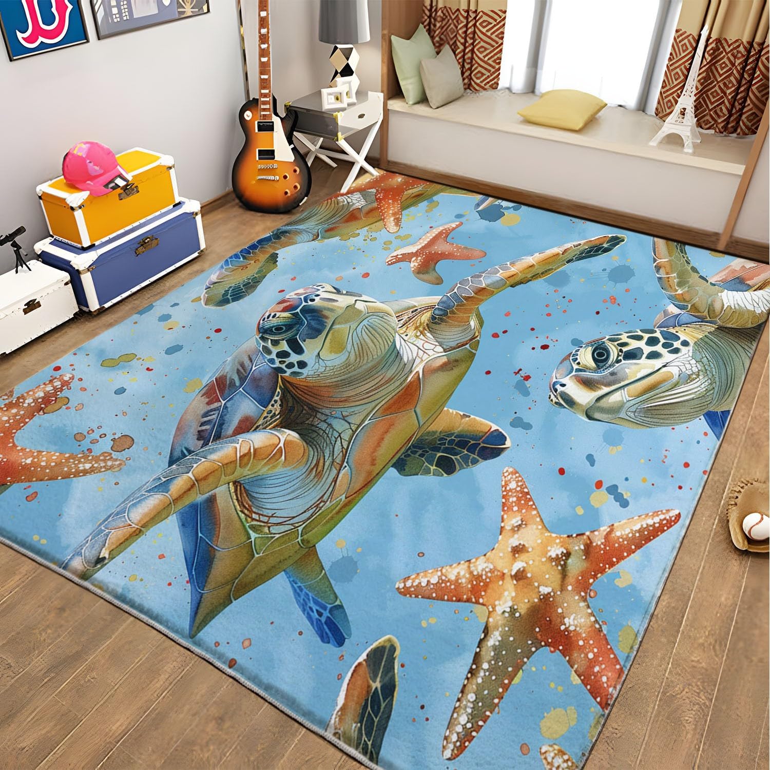 Tapis de Décoration ThèMe éToile de Mer Aquarelle Tortue de Mer, 120 x 170 cm Antidérapant à Poils Courts Doux Tapis, Multi Moquette de Chambre à Poils Ras, Paillasson Intérieur - pour Salon