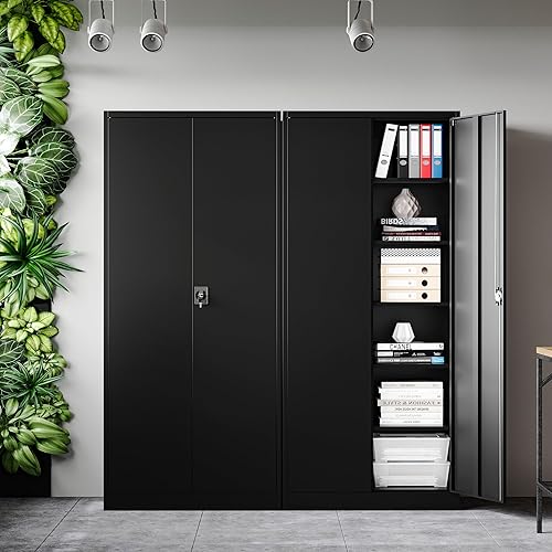 Miniatura 7 de Armario de almacenamiento de metal con 5 estantes ajustables, armarios de almacenamiento de metal con puerta de bloqueo, gabinete de almacenamiento