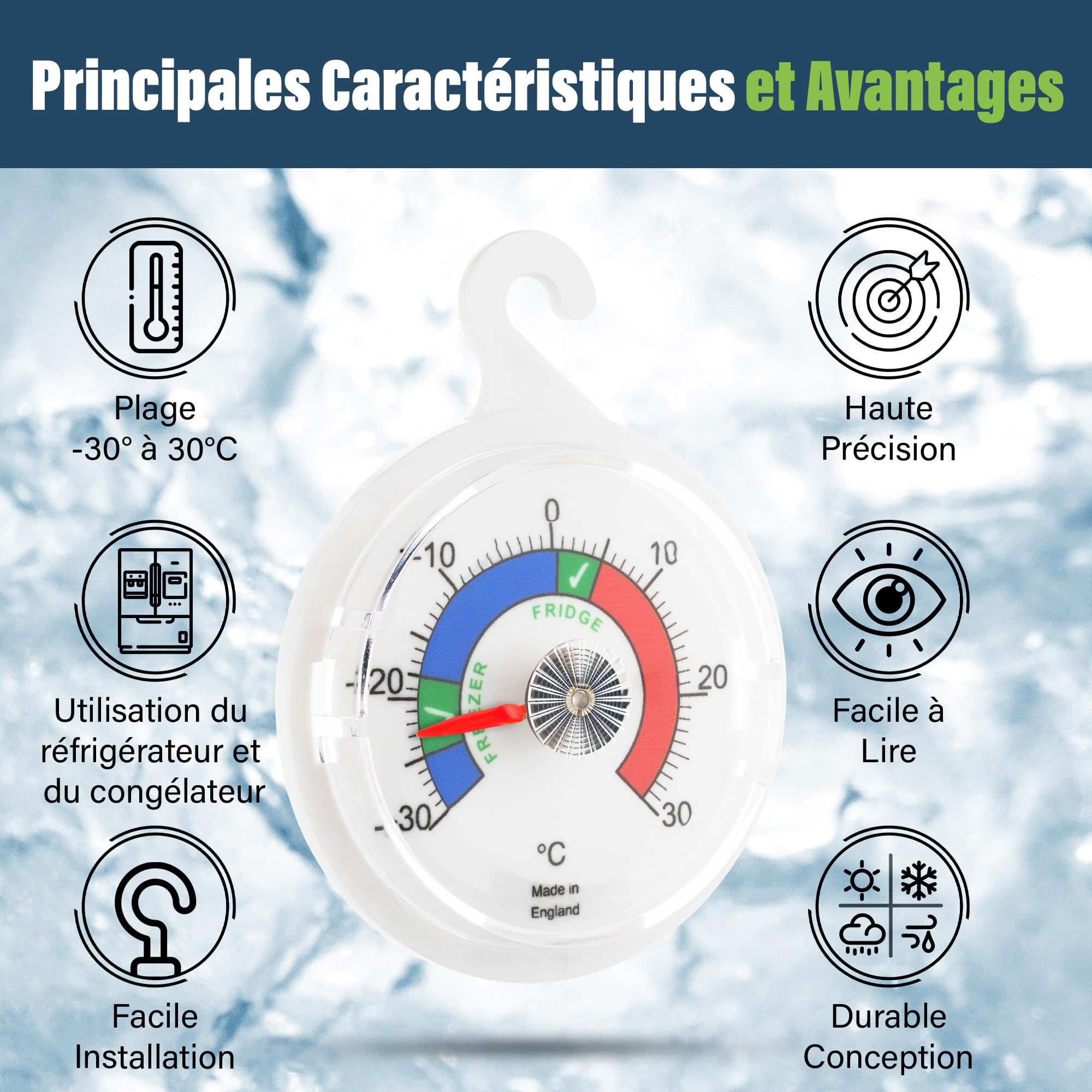 Lot de 2 thermomètres de réfrigérateur à cadran 65 mm zones colorées