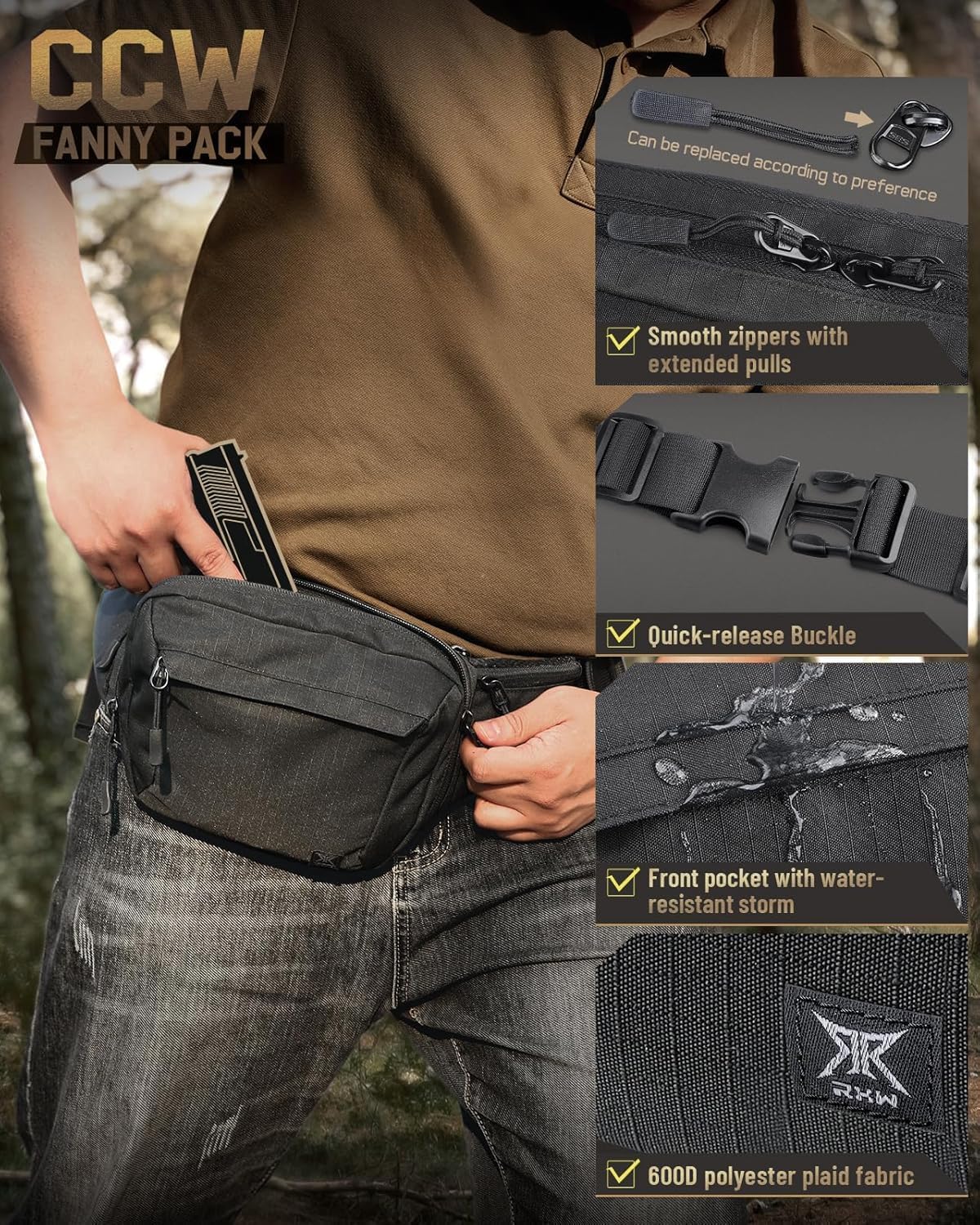Tactical Concealed Carry Fanny Pack, CCW Fanny Pack, Waist Bag for Men, Hip Bag Compact Belt Bag for Hiking, EDC Waist Pack(Adjustable Up to 60" Waist) - Image 4