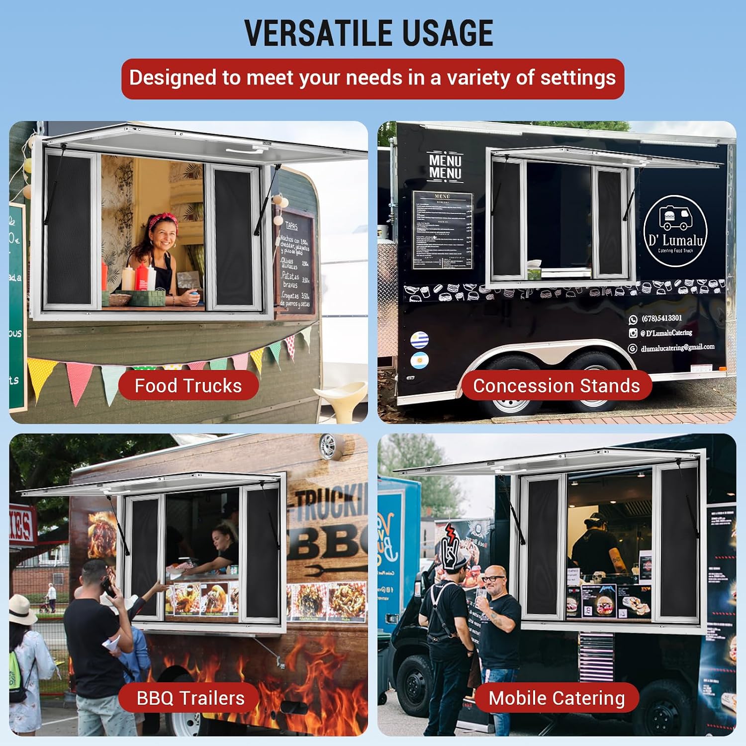 Concession Window for Food Truck, 48"x36"Stainless Steel 4-Sliding Windows with Mesh Screen, Horizontal Serving Hatch for Trailer, Outdoor Catering