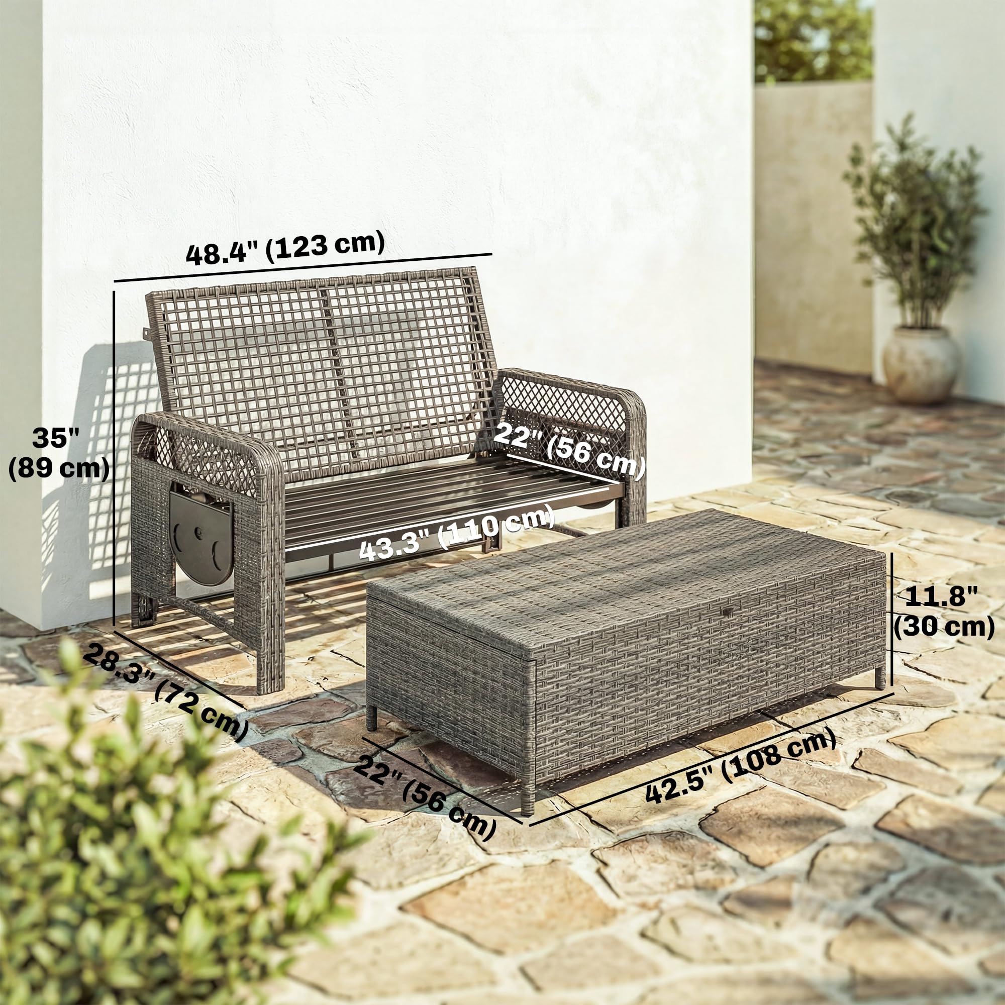 Outsunny 2 Pieces Patio Lounge Chair Set with Cushions, PE Wicker Outdoor Chaise Lounge with Adjustable Backrest, Side Trays and Storage Ottoman, Tanning Chair, Light Grey - 2