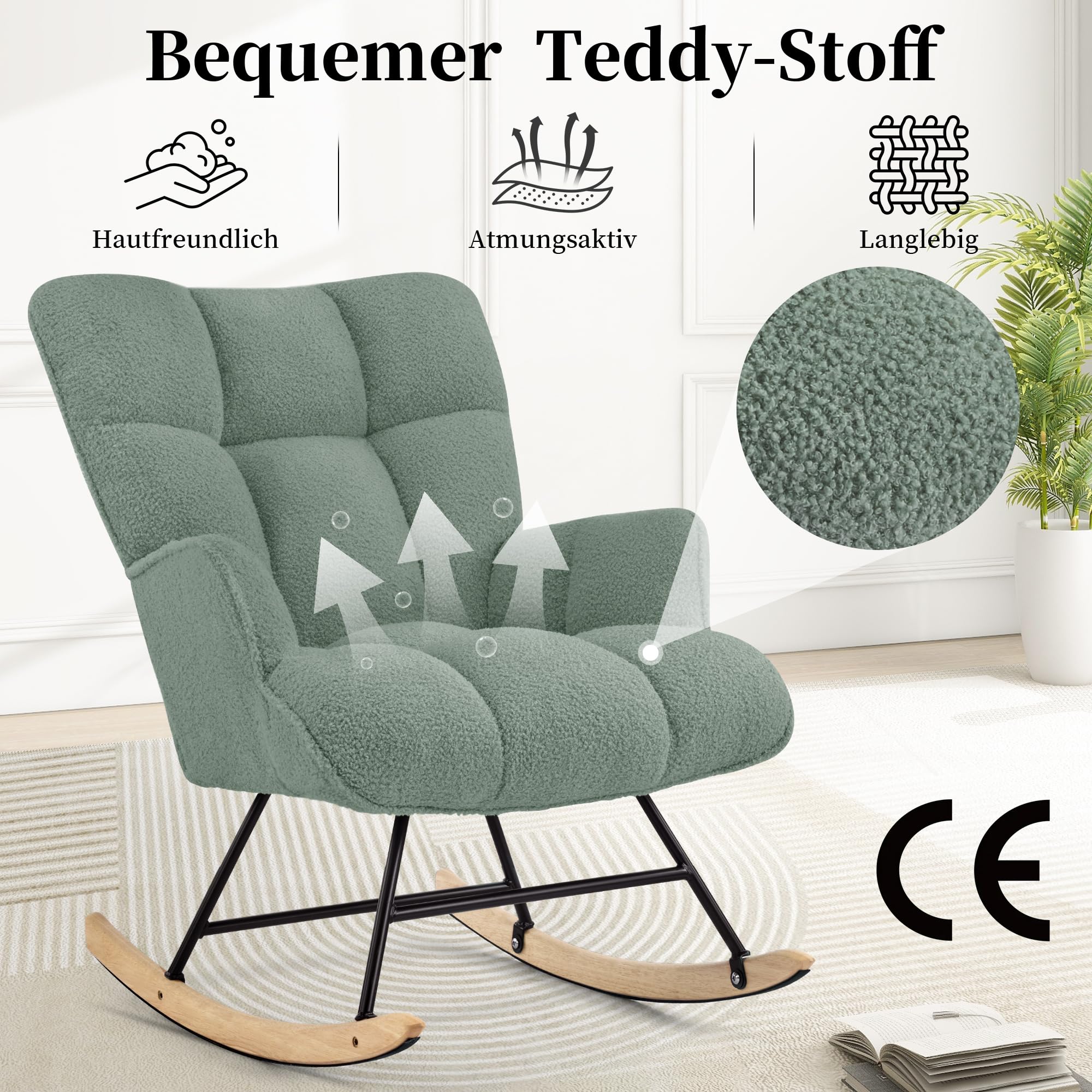 Schaukelstuhl Stillsessel, Teddystoff, Grün | Gepolsterter Schwingsessel, Holzkufen, Mit Armlehne, Für Wohnzimmer, Schlafzimmer, Babyzimmer