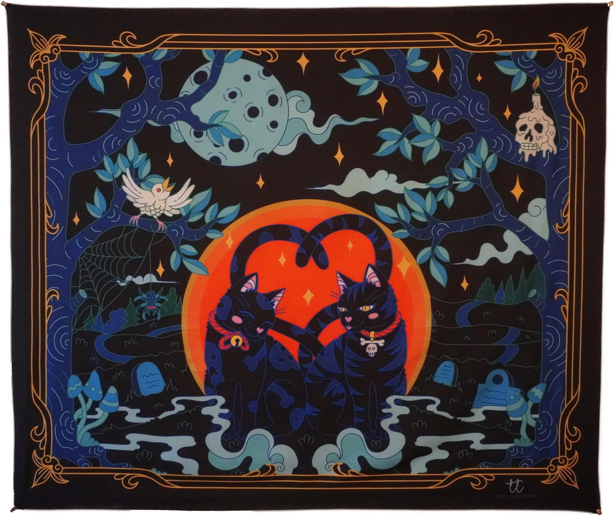 Tom's Tapestries Cat Tapestry Wall Hanging Mandala Decor Skull Skeleton Psychedelic Trippy Art Hippie or Goth Room Home or Dorm Aesthetic Witchy Moon Cool Colorful Animal (150cm x 130cm), Black Gold