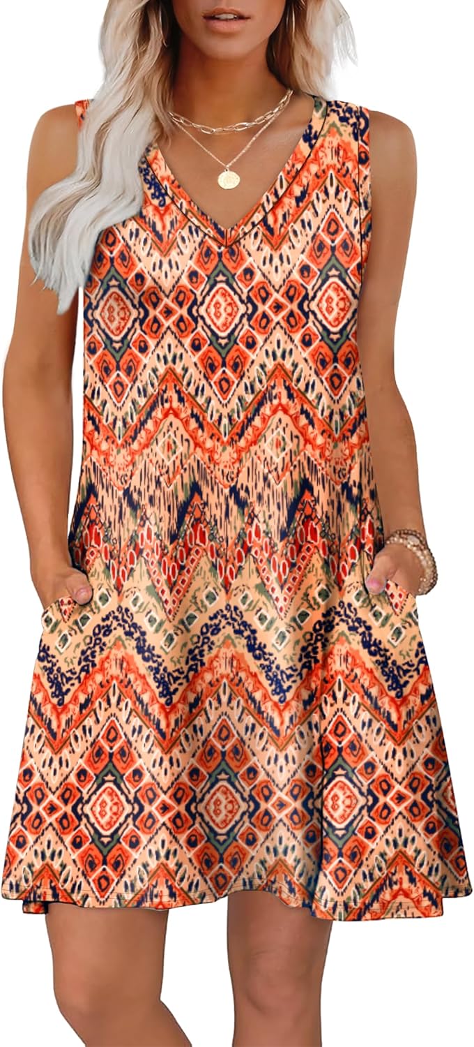 WIHOLL Womens Summer Dresses Loose Fit V Neck Sleeveless Sundresses Beach Hawaiian Dress with Pockets (Floral Boho Small) Thumbnail