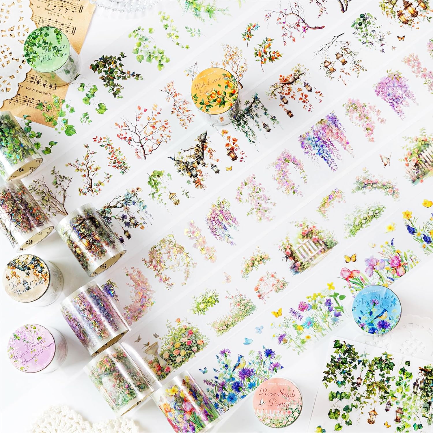 PET Tape Stickers for Journaling 6 Rolls Pre-Cut Flower Washi Tape Stickers Decorative Tape for Crafts Scrapbooking Junk Journal Supplies, Flower Branch