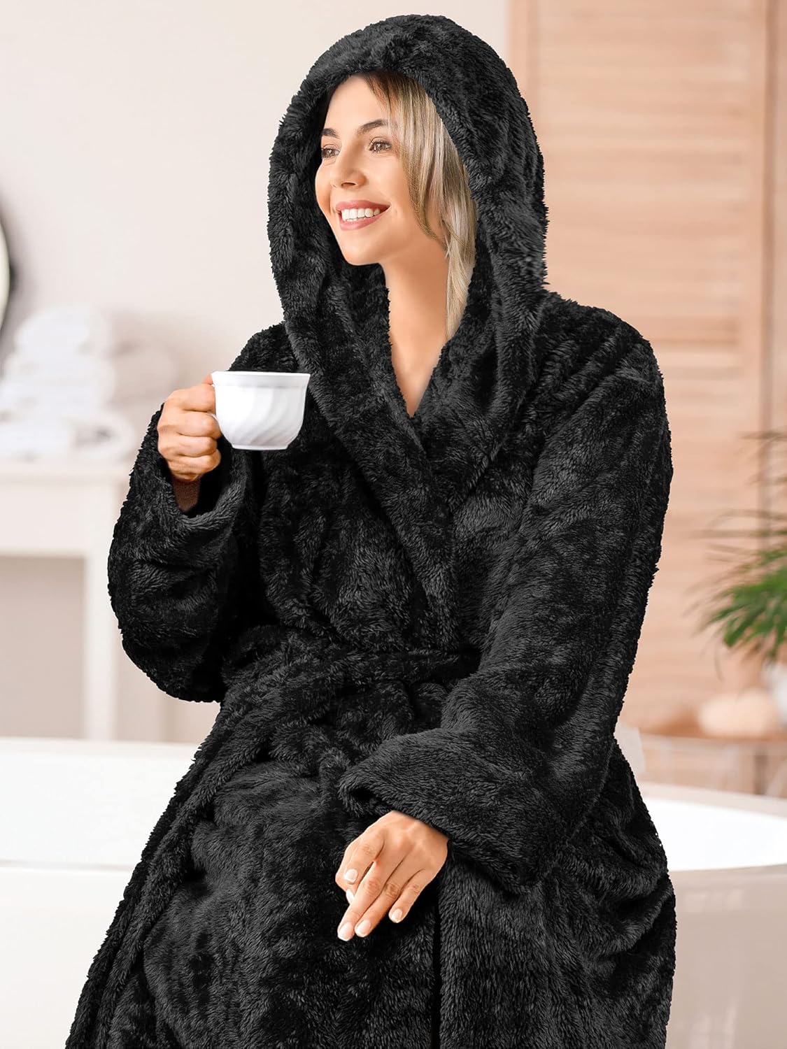 PAVILIA Women Hooded Plush Soft Robe | Fluffy Warm Fleece Sherpa Shaggy Bathrobe - Image 5