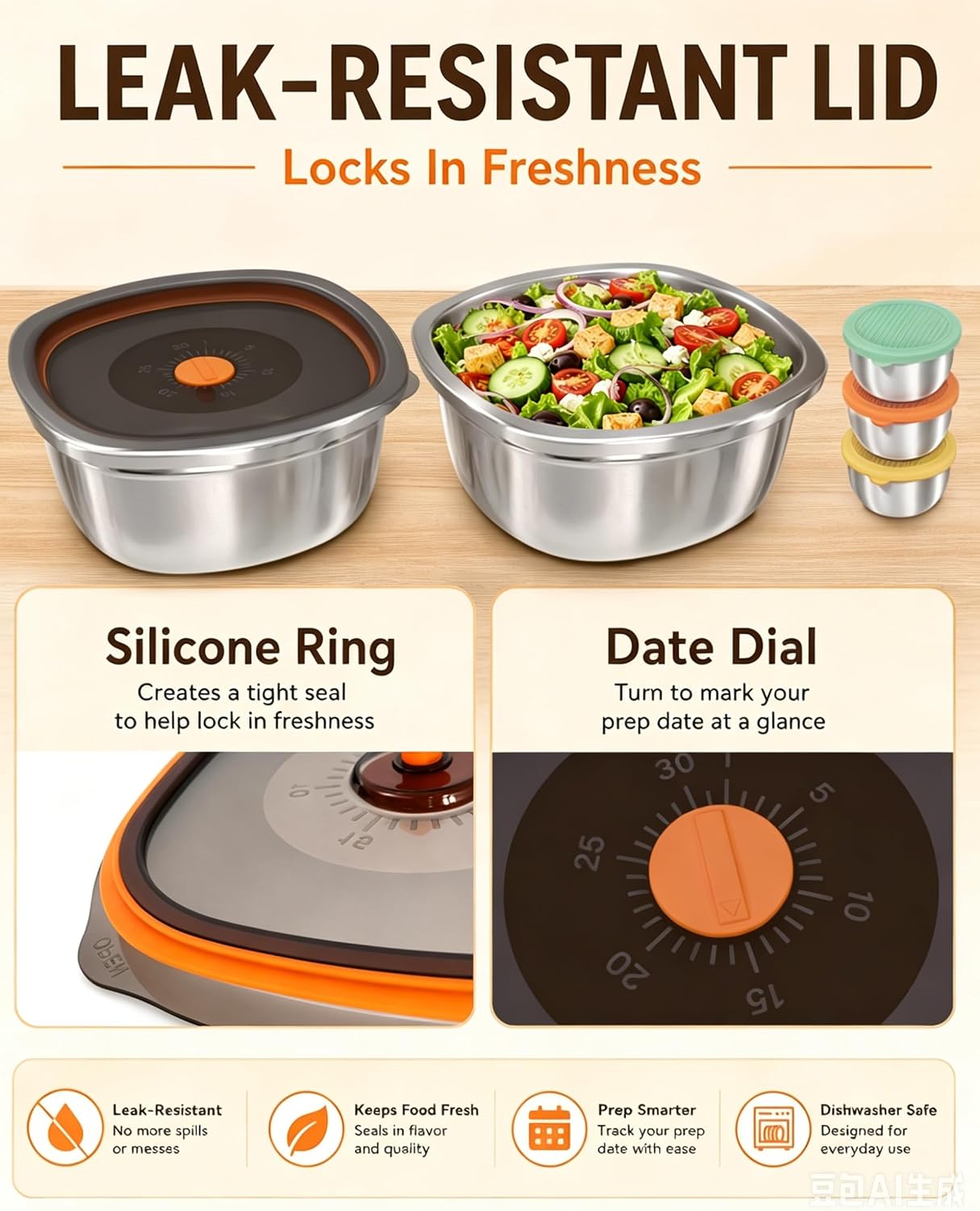 Miradexic Large Stainless Steel Salad Bowls with Lids