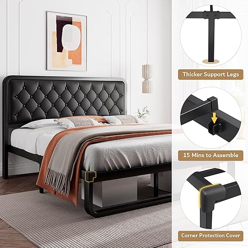 Miniatura 14 de iPormis Base de cama matrimonial con cabecero tapizado de piel sintética, plataforma de soporte de listones de metal, base de cama con 12 pulgadas