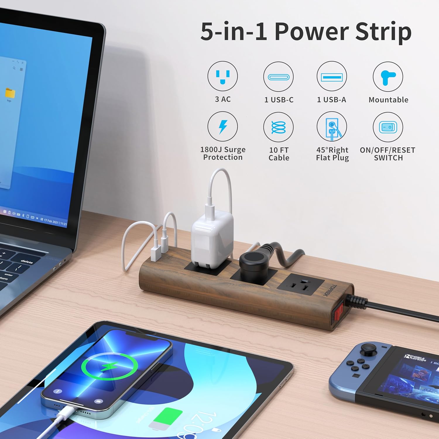 TOPREK Power Strip Surge Protector (1800J), 10 FT Flat Extension Cord with Ultra Thin Flat Plug, 3 Widely-Spaced Outlets with 1 USB-C & 1 USB-A, Wood Finish USB Charging Station for Home, Office, Dorm