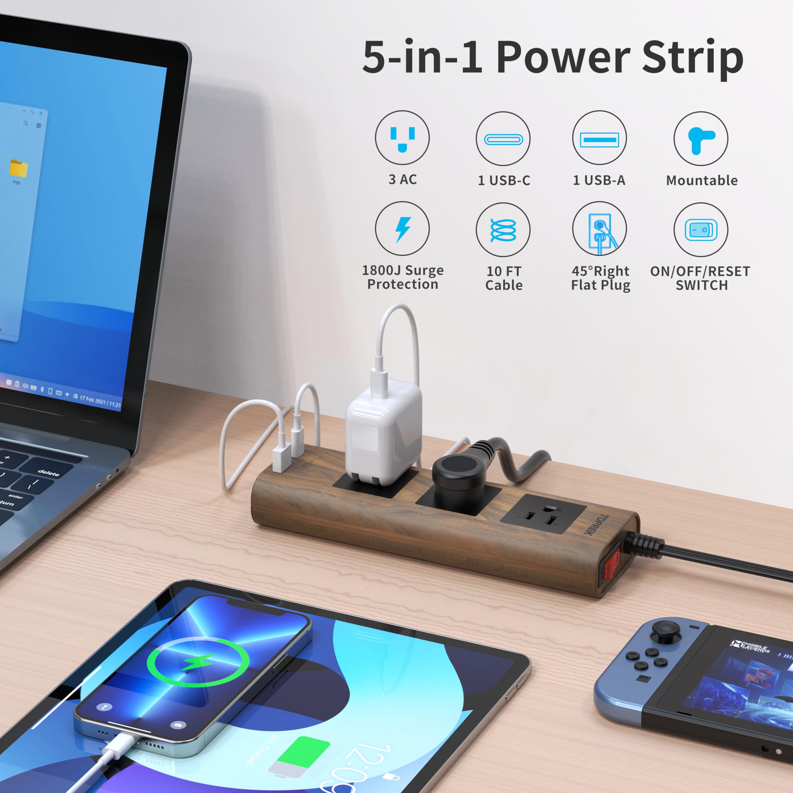 Power Strip with USB, TOPREK Power Strip Surge Protector (1800J), 10 FT Ultral Thin Flat Plug Power Strip with 3 Widely-Spaced AC Outlets, 1 USB-C & 1 USB-A, Wood Finish Power Strip for Home, Office