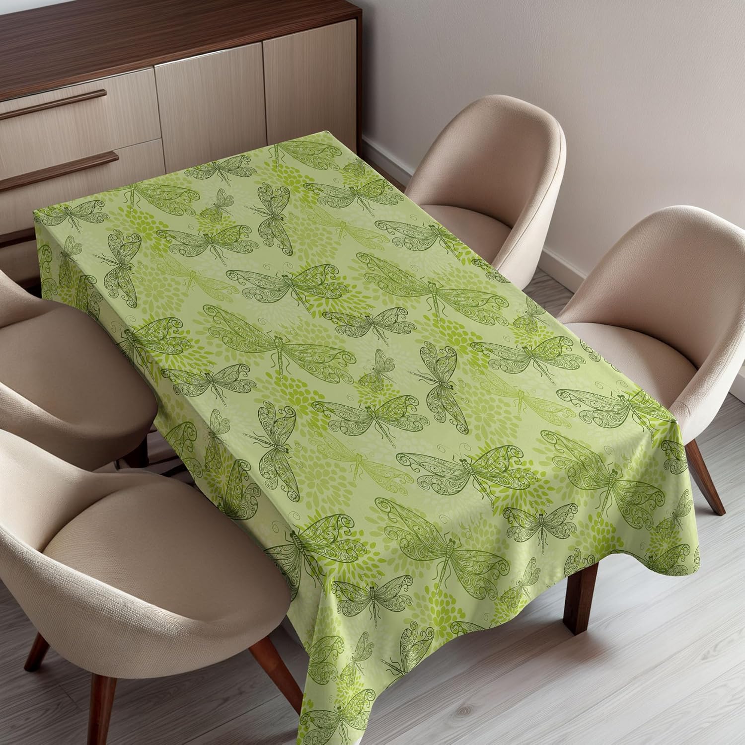 Ambesonne Dragonfly Tablecloth, Sketchy Butterfly Like Bugs with Floral Ivy Print Wings Artwork, Dining Room Kitchen Rectangular Table Cover, 60" X 84", Pale Green