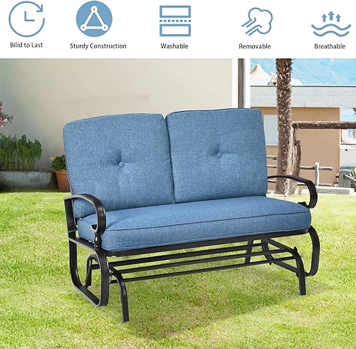Miniatura 6 de Banco de columpio para exteriores para 2 personas, azul, marco de acero, tela de olefina, cojines de espuma