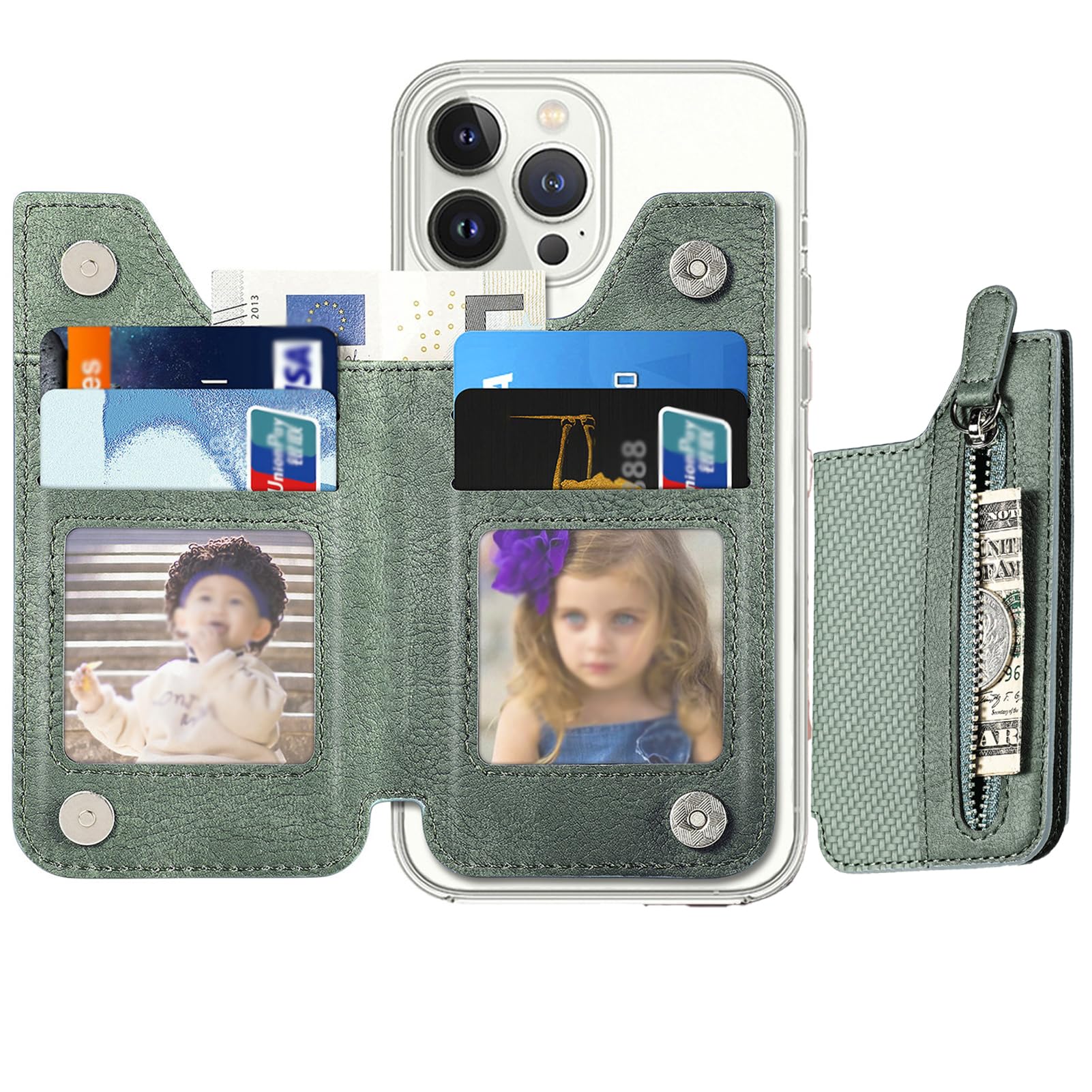 BOZKOA Flip Leather Wallet Stick On for Most Phones, Card Holder With Adjustable Stand Function, Sticky Wallet With Magnetic Clasp (Green)