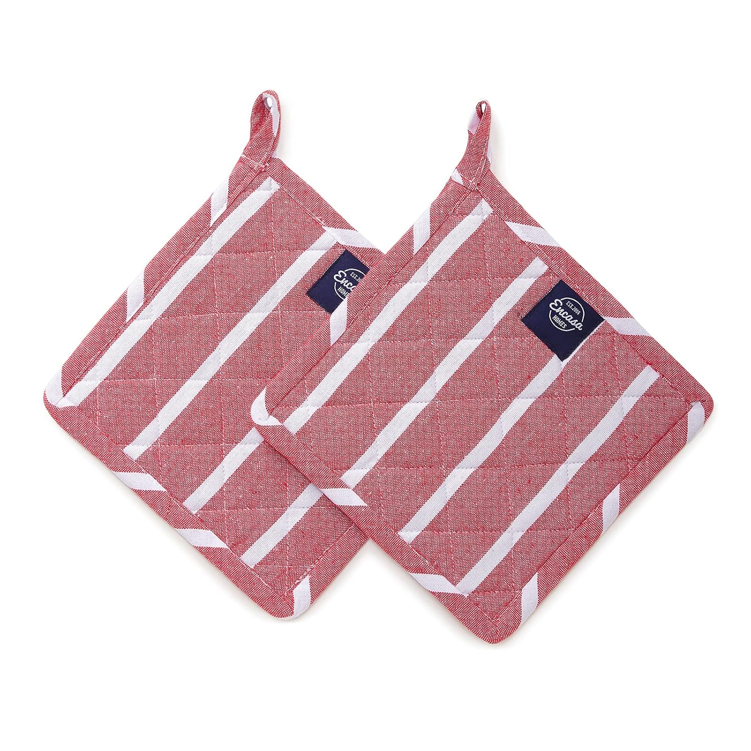 Encasa XO Oven Microwave Pot Holders Trivets 21 cm (2 pc) for Kitchen Cooking & Baking – Heat Resistant, Thick & Safe, Protection of Hands from Hot Utensils, Grill, BBQ – Roma Red Stripes