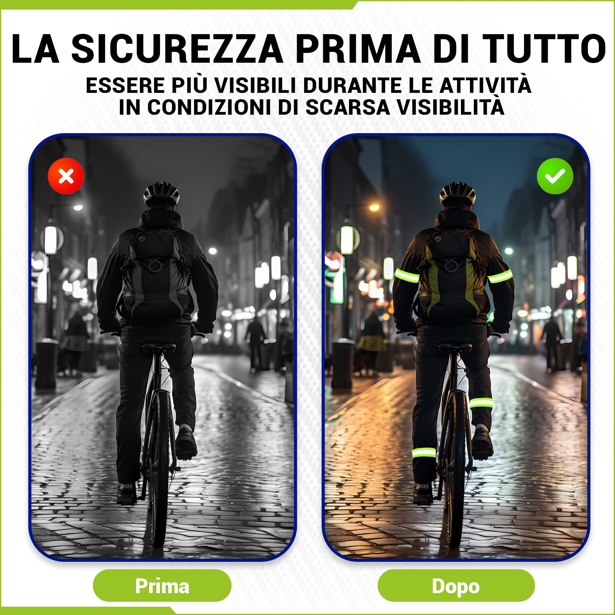 Bracciali Riflettenti a Doppia Striscia 5 cm Chiusura Regolabile 8 cm Visibilità 360° per Braccia Gambe Caviglie