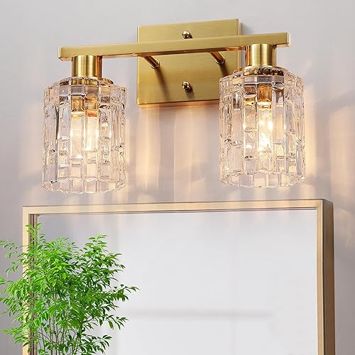 2 luces de tocador de baño de oro cepillado sobre el espejo, iluminación moderna de tocador con pantalla de cristal de cristal, accesorios de