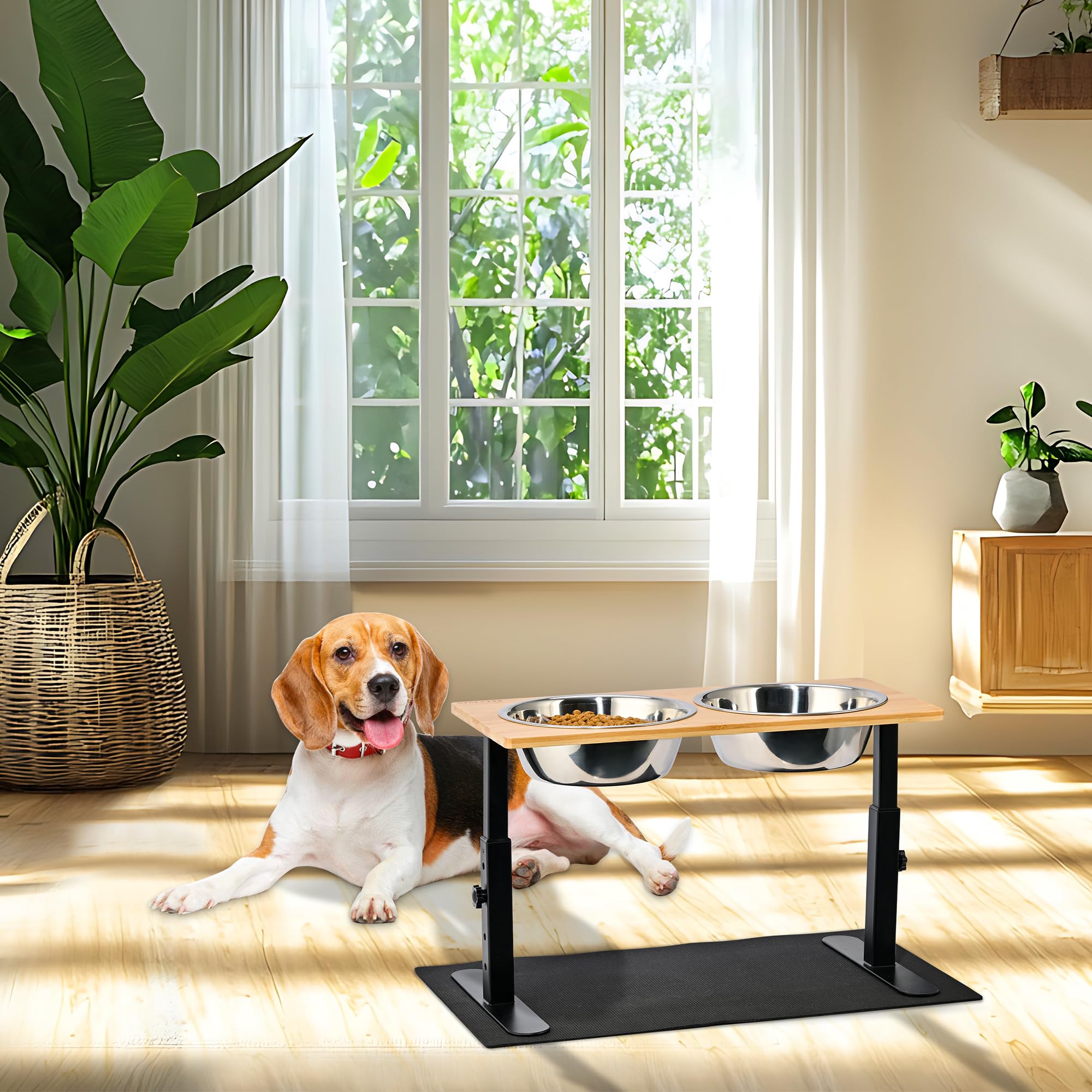 Tazones elevados para Perros, Gatos y Perros con 2 Cuencos de Acero Inoxidable, 3 Alturas Ajustables, Juego de comedero de Agua de bambú sólido para Mascotas