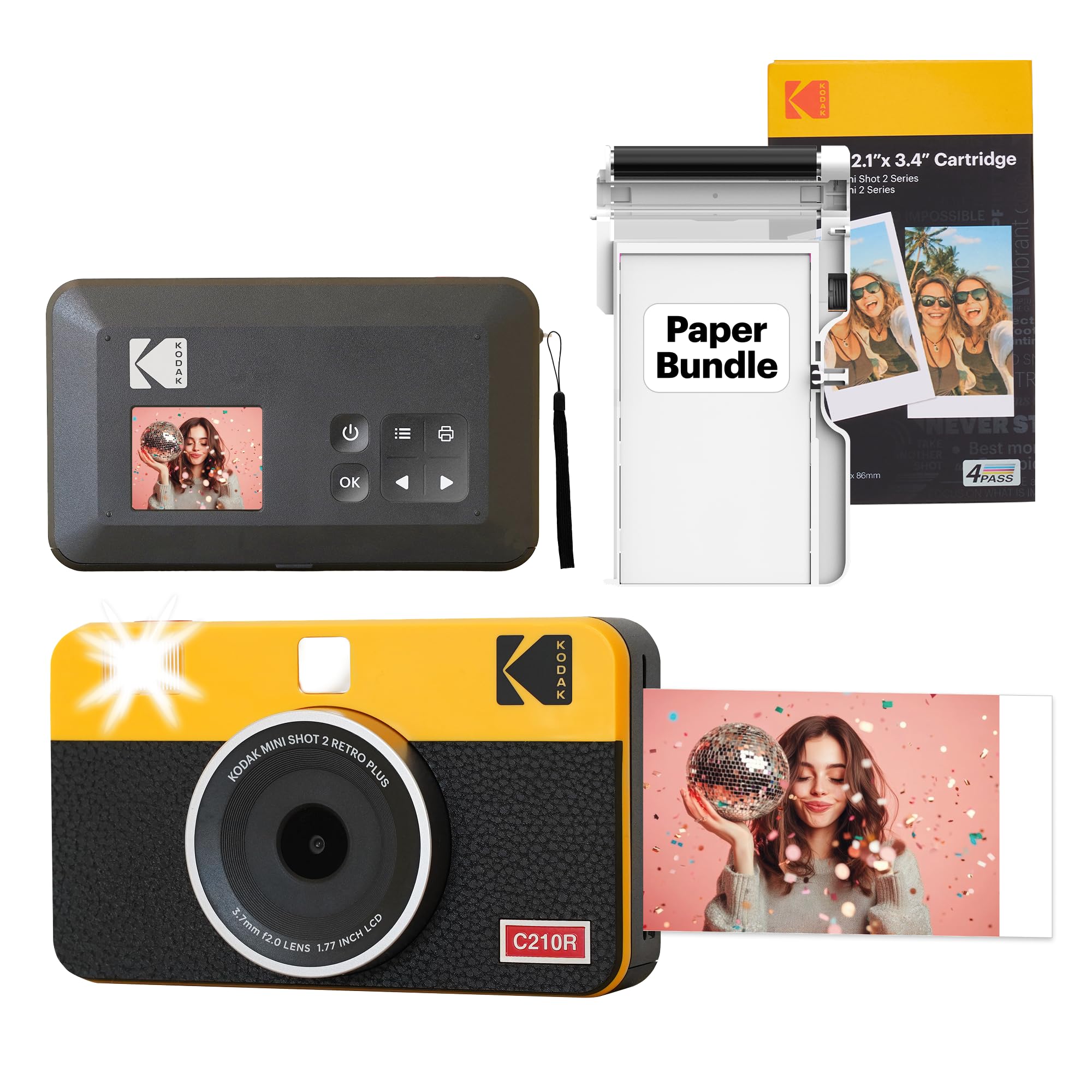 Mini Shot 2 Retro 4PASS 2-in-1 Instant Digital Camera and Photo Printer (2.1x3.4 inches) Initial 8 Sheets + 30 Sheets Bundle, Yellow