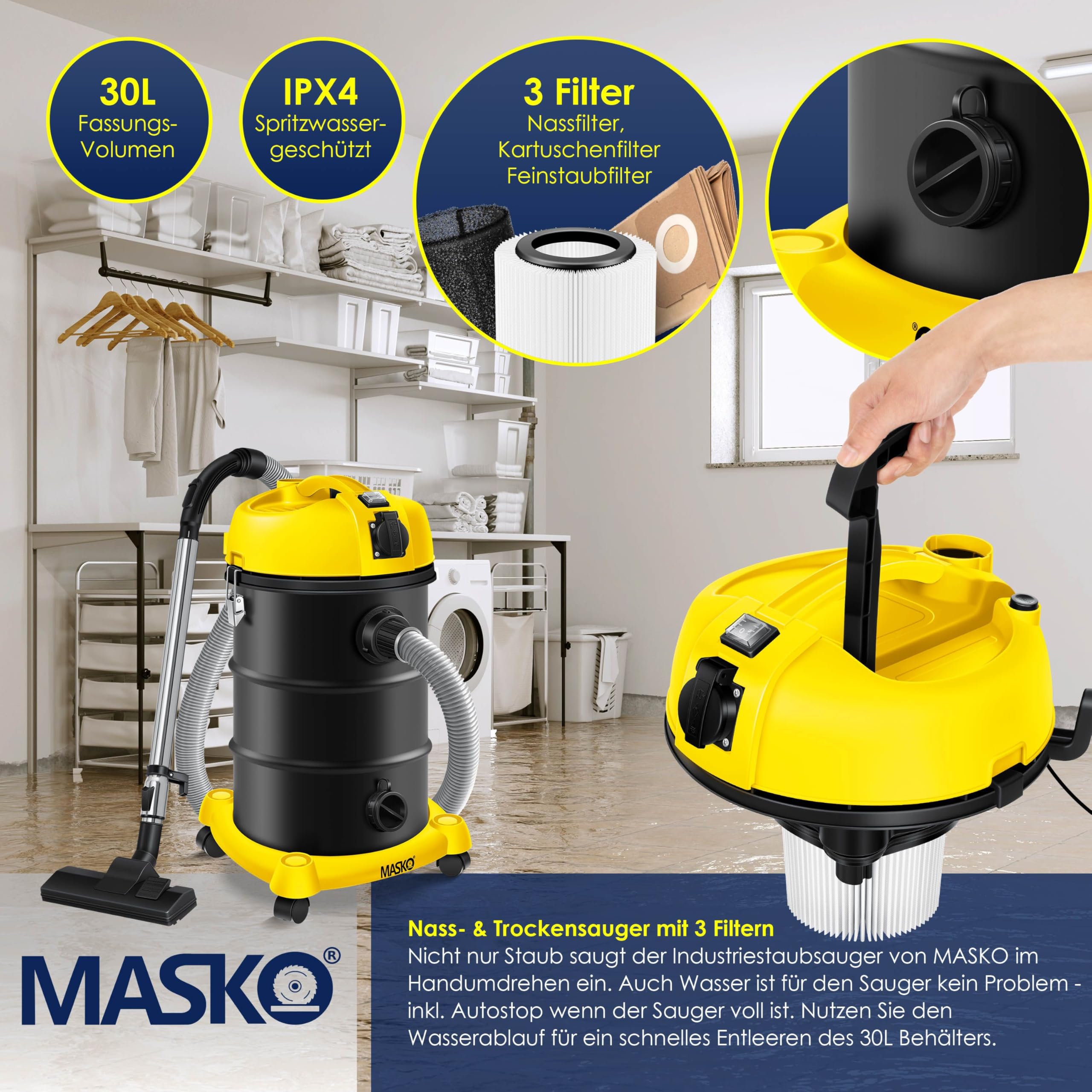 MASKO 6IN1 Industriestaubsauger Nass Trocken 2300W Blasfunktion beutellos Gelb