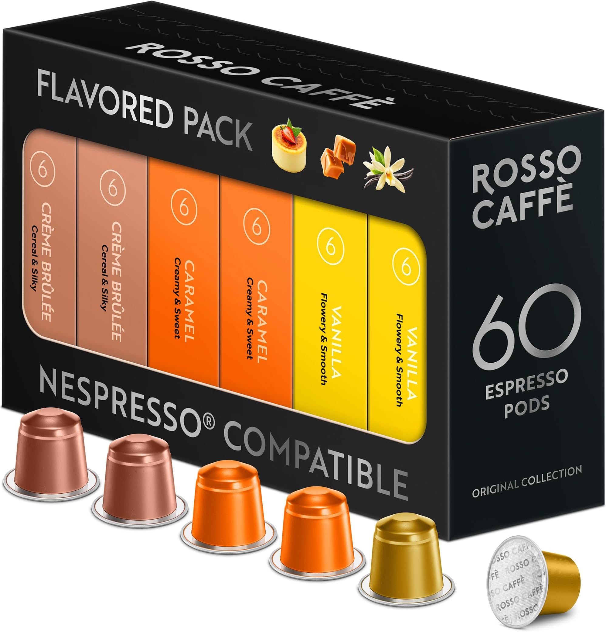 60 Espresso Coffee Pods for Nespresso Original Machines - Pack of Premium Capsules, 3 Rich and Balanced Flavors (Vanilla, Crème Brulee, Caramel)