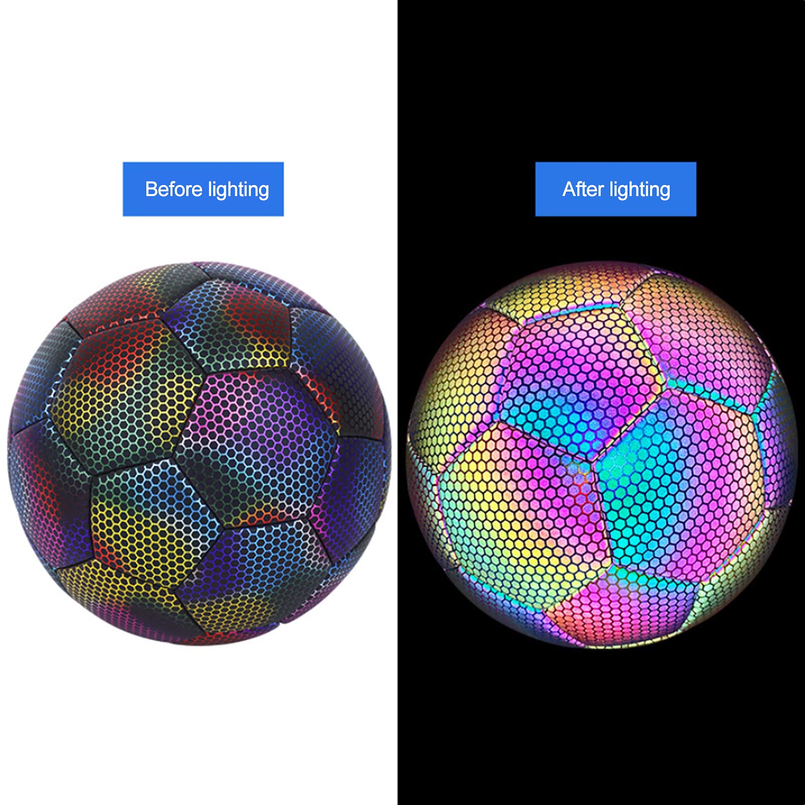 Pallone da calcio riflettente resistente all'usura antiscivolo che si illumina al buio con buona elasticità e sensazione confortevole per l'allenamento di squadra di calcio