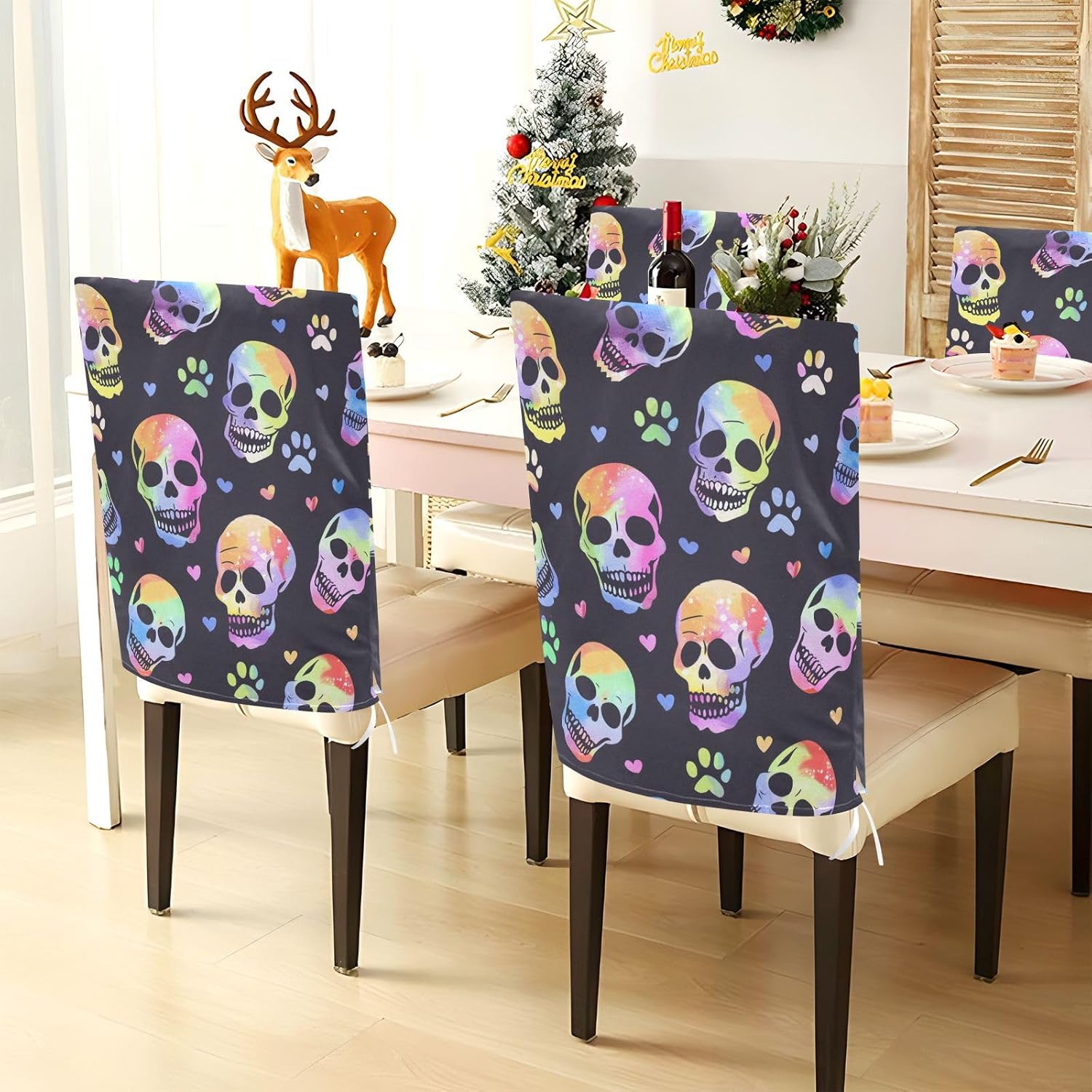 ALAZA Rainbow Skulls Paw Hearts Chair Back Cover Set of 6, Washable Reusable Removable Chair Slipcovers Decorative Chair Cover for Home Kitchen Wedding Party
