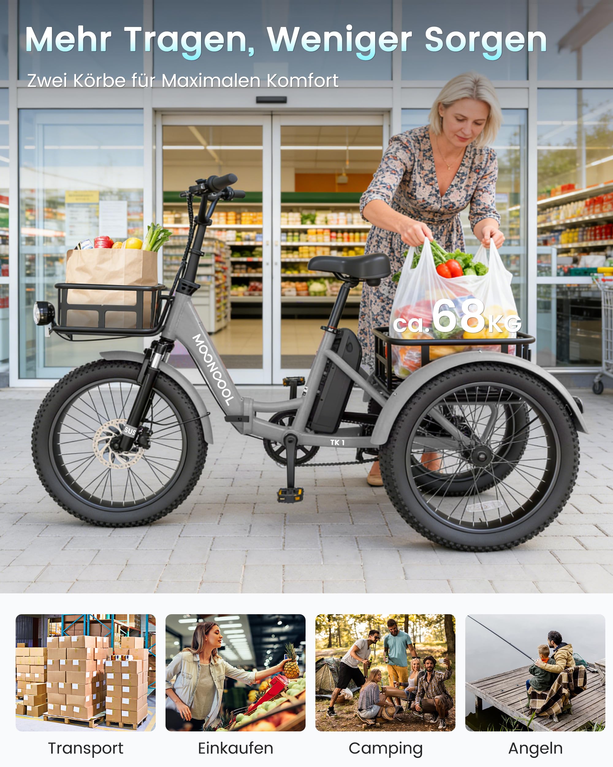 MOONCOOL E Bike Klapprad, 20" Elektrofahrräder für Herren Damen, 36V 20AH Akku, 250W Motor 45 Nm, LCD-Display, IP65 Wasserdicht, 3 Fahrmodi, mit Großen Körben & Fußstützen