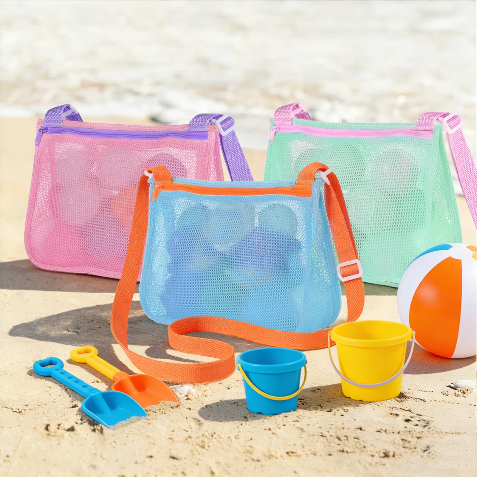 3 Piezas Bolsa de Malla para Juguetes de Playa, Bolsa Juguetes Playa Niños, Bolsas de Recogida de Conchas, Bolsas de Playas Plegable para Piscina, Camping, Viajes (A)