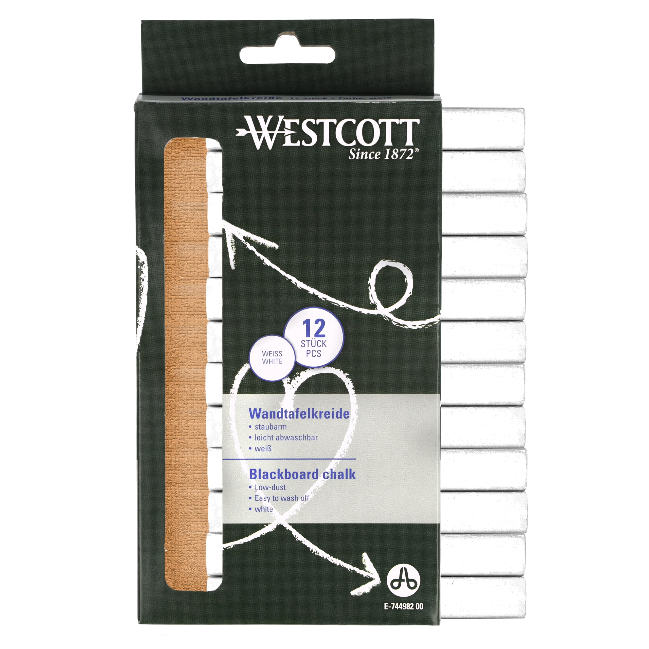 Westcott Chalk Pack of 12 White | Pack of 12 Blackboard Chalks with 1.2 cm Diameter in Opaque White | Low Dust & Easy to Wipe Clean | 8.5 cm Long Chalk Pens | E-744982 00