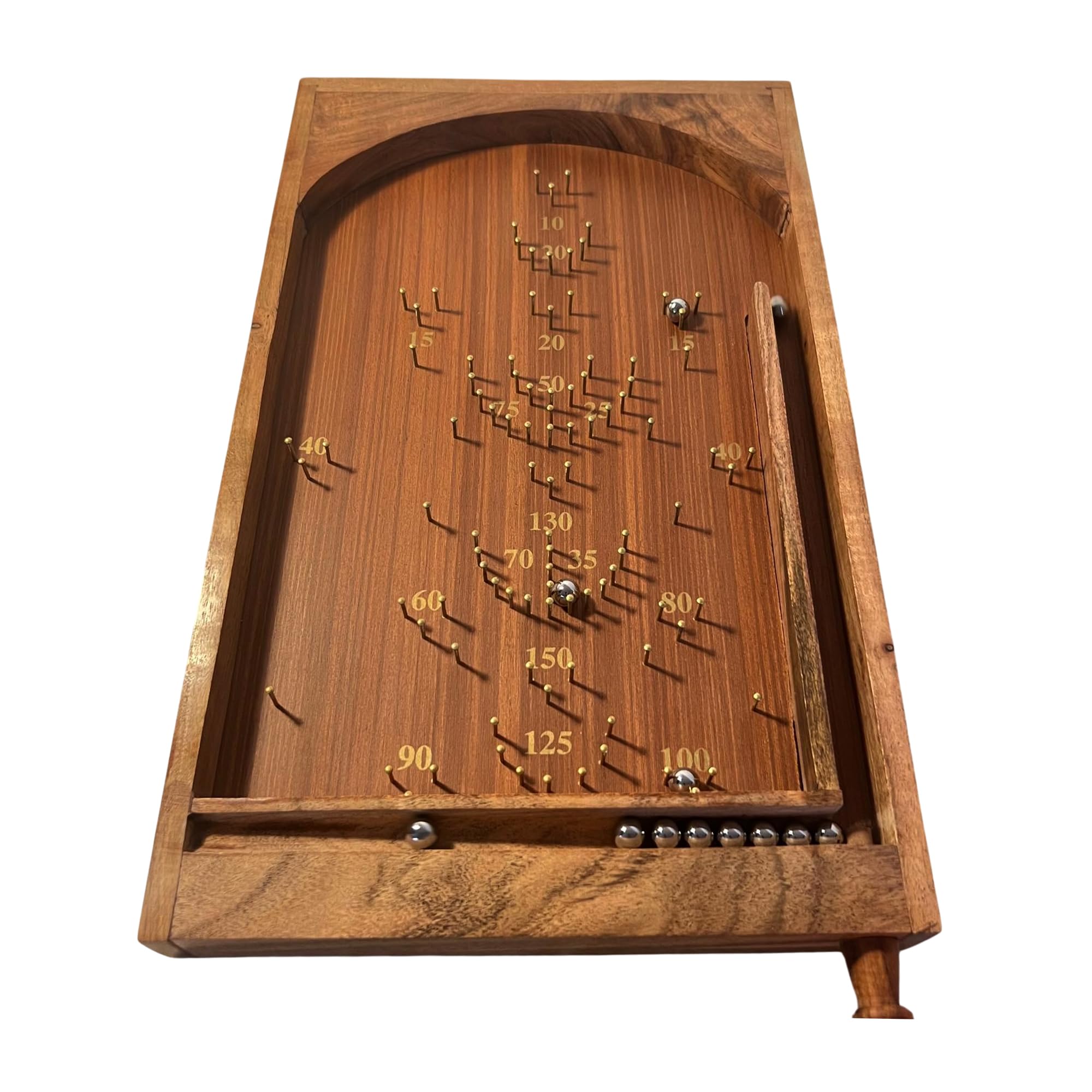 Classic vintage style 𝗧𝗔𝗕𝗟𝗘𝗧𝗢𝗣 𝗣𝗜𝗡𝗕𝗔𝗟𝗟 𝗕𝗔𝗚𝗔𝗧𝗘𝗟𝗟𝗘 𝗚𝗔𝗠𝗘 50cm x 30cm, Spring plunger with brass pins and steel balls, Shesham Rose wood board, vintage traditional pub game