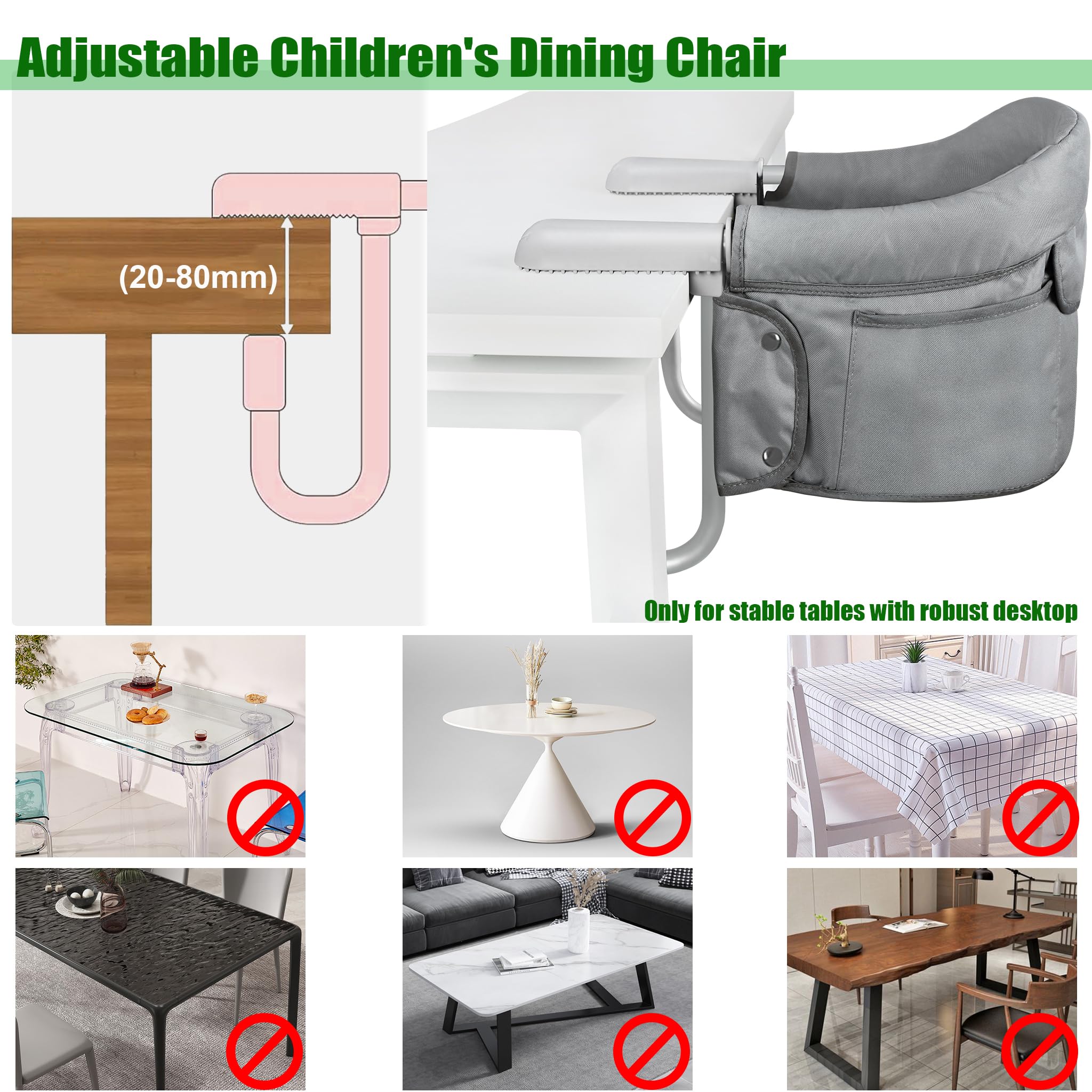 Faltbare Tischsitze Baby Boostersitze mit 3-Punkt Sicherheitsgurt & Anti-Rutsch-Klemmen Ergonomischer Kinder Esszimmerstuhl Sitzerhöhungen Tragbar Babysitz für Zuhause & Reise (Grau)