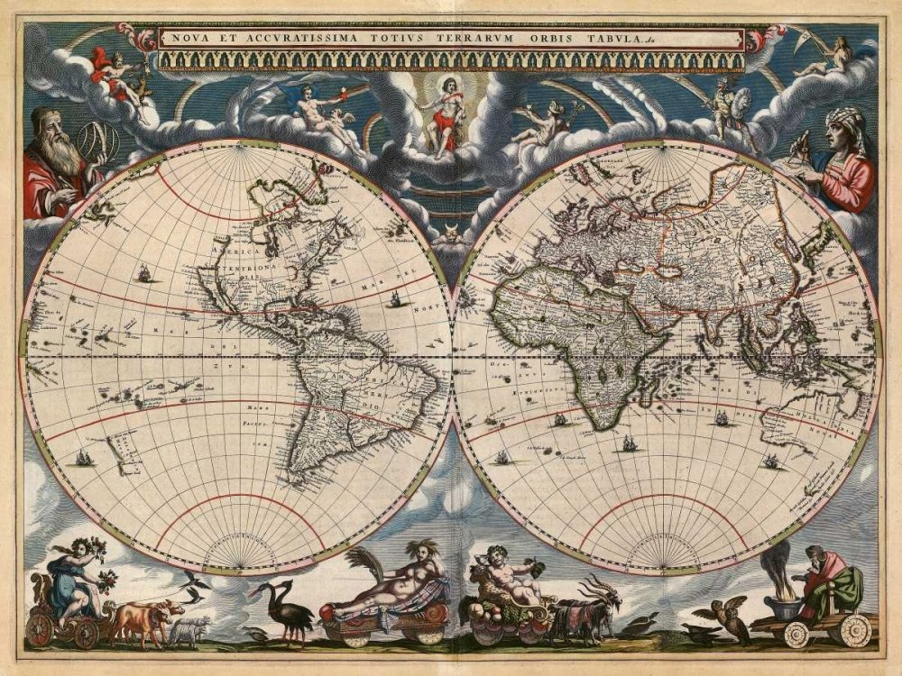 Kunstdruck auf Holz, Bars Nova et Accuratissima Totius Terrarum Orbis Tabula Blaeu Joan – Vintage Horizontal Bild Neuheit Vintage Karten Fine Art Prin 71 x 94 cm
