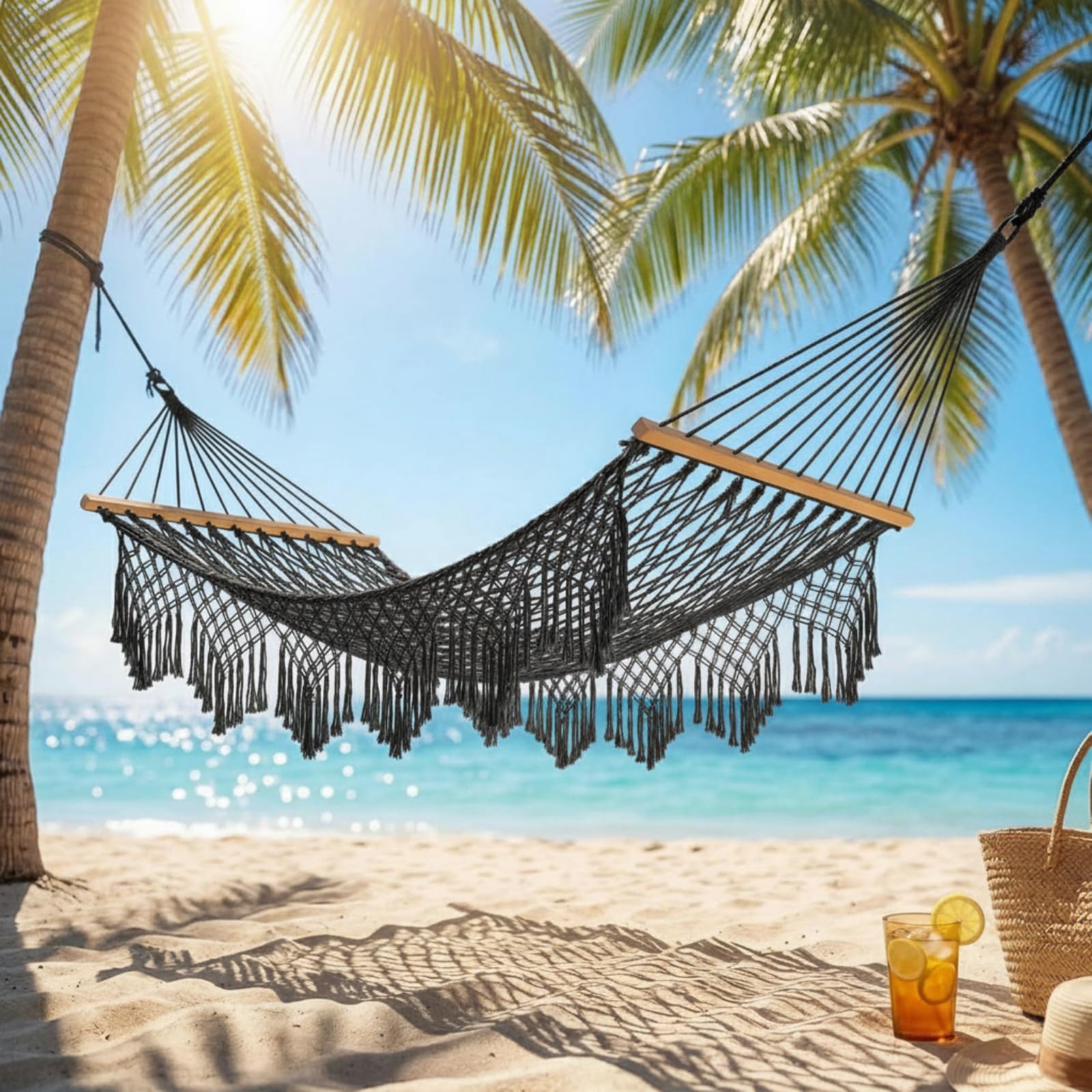 hand woven cotton rope hammock, 10 ft hammock for patio garden yard porch camping beach indoor outdoor hanging include rope straps, 450lb capacity(black)