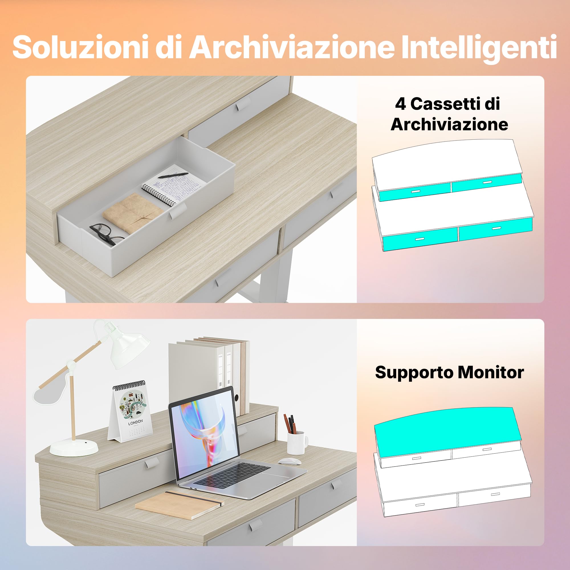 HUANUO 80 x 53 cm Piccola Scrivania con Cassetti, Compatibile Supporto a Morsetto a C, Scrivania Regolabile in Altezza, Scrivania Stand Up Ufficio Domestico 4 Altezza