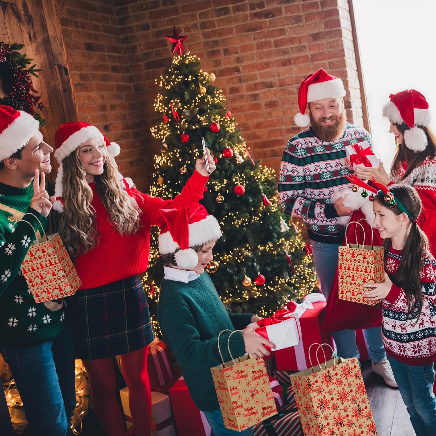 Tinlade 48 Pcs Christmas Kraft Paper Bags Bulk Assorted Sizes Bronzing Gift Bag Metallic Treat Goodie Red Supplies for Winter Holiday New Year Party Packaging Decor - 24 Small, 14 Medium, 10 Large